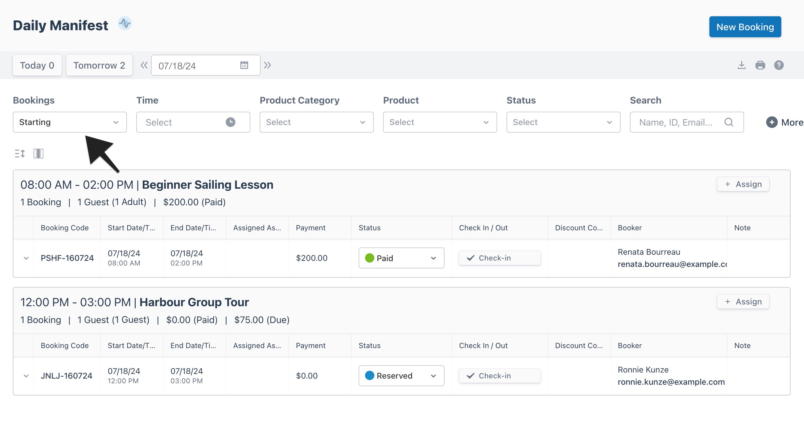 Daily manifest view with an arrow highlighting the ‘Starting’ filter to indicate selection.