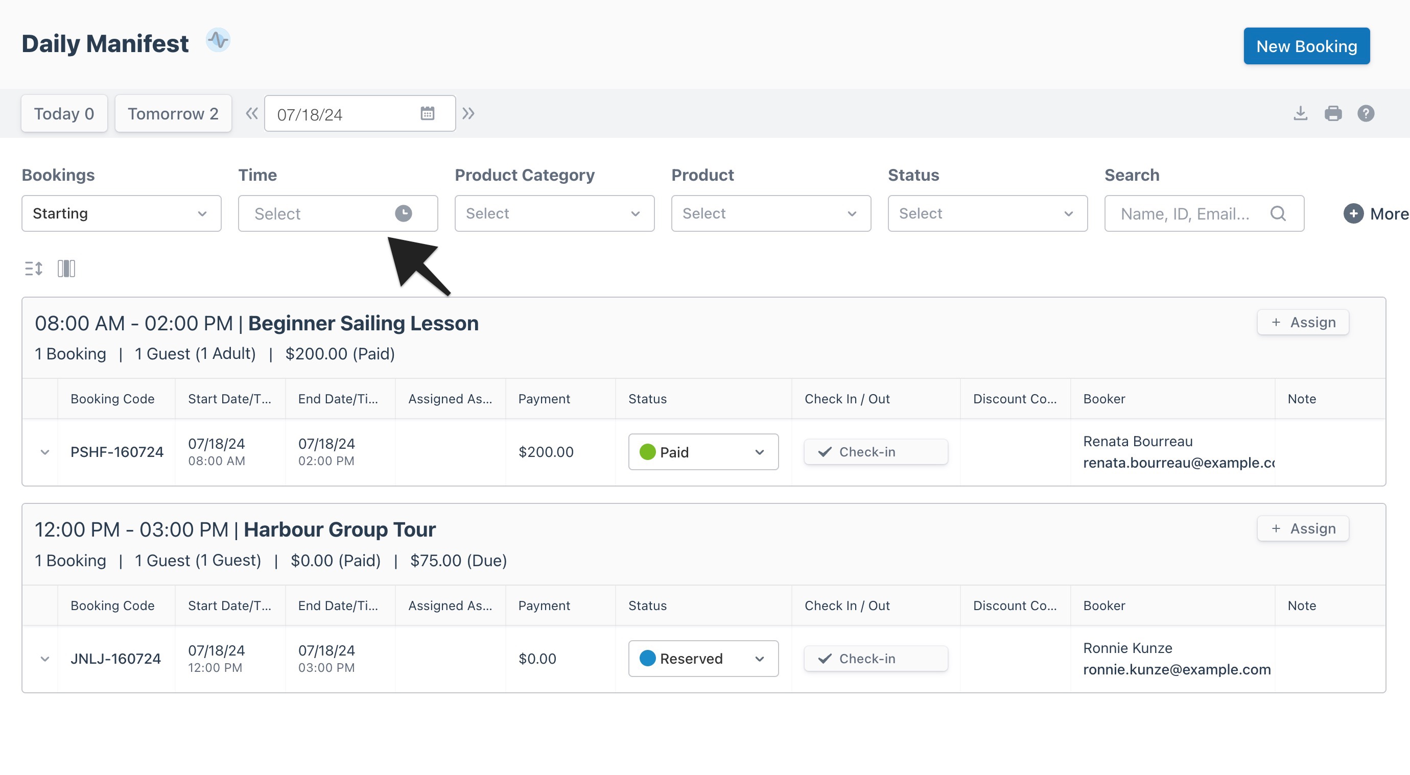 Daily manifest view with an arrow highlighting the ‘Time’ filter to indicate selection.