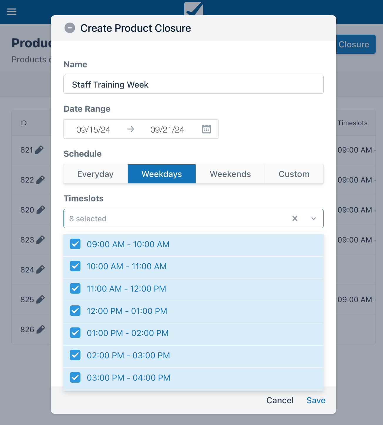 Create Product Closure window with event name 