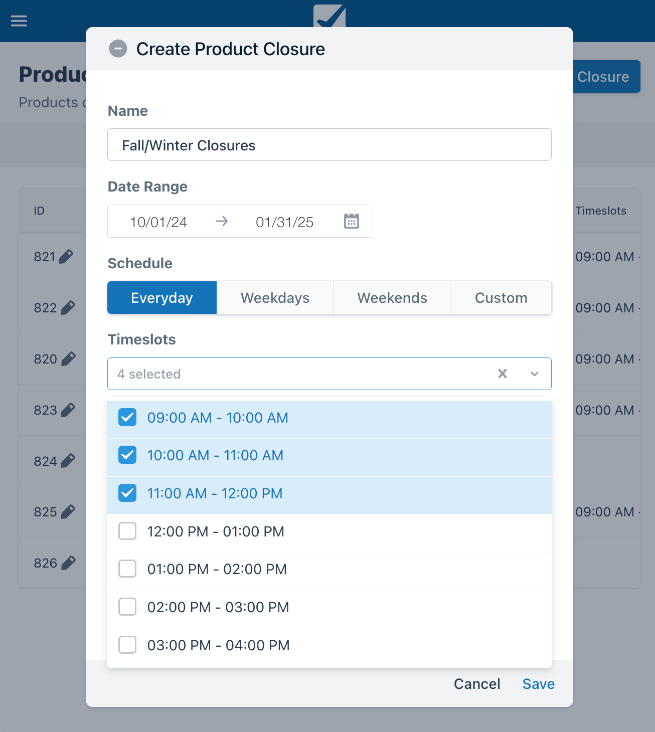Create Product Closure window with the Everyday schedule selected and multiple timeslots displayed, including 9:00 AM to 12:00 PM.