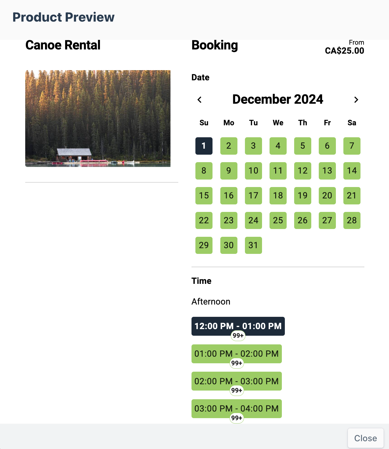 Canoe Rental product preview with booking calendar for December 2024 showing available afternoon timeslots, including 12:00 PM to 04:00 PM.