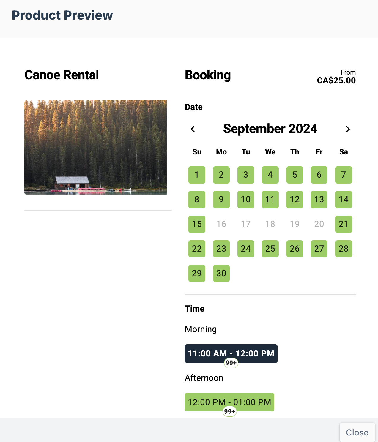 Canoe Rental product preview with booking calendar for September 2024 showing available timeslots in the morning and afternoon.