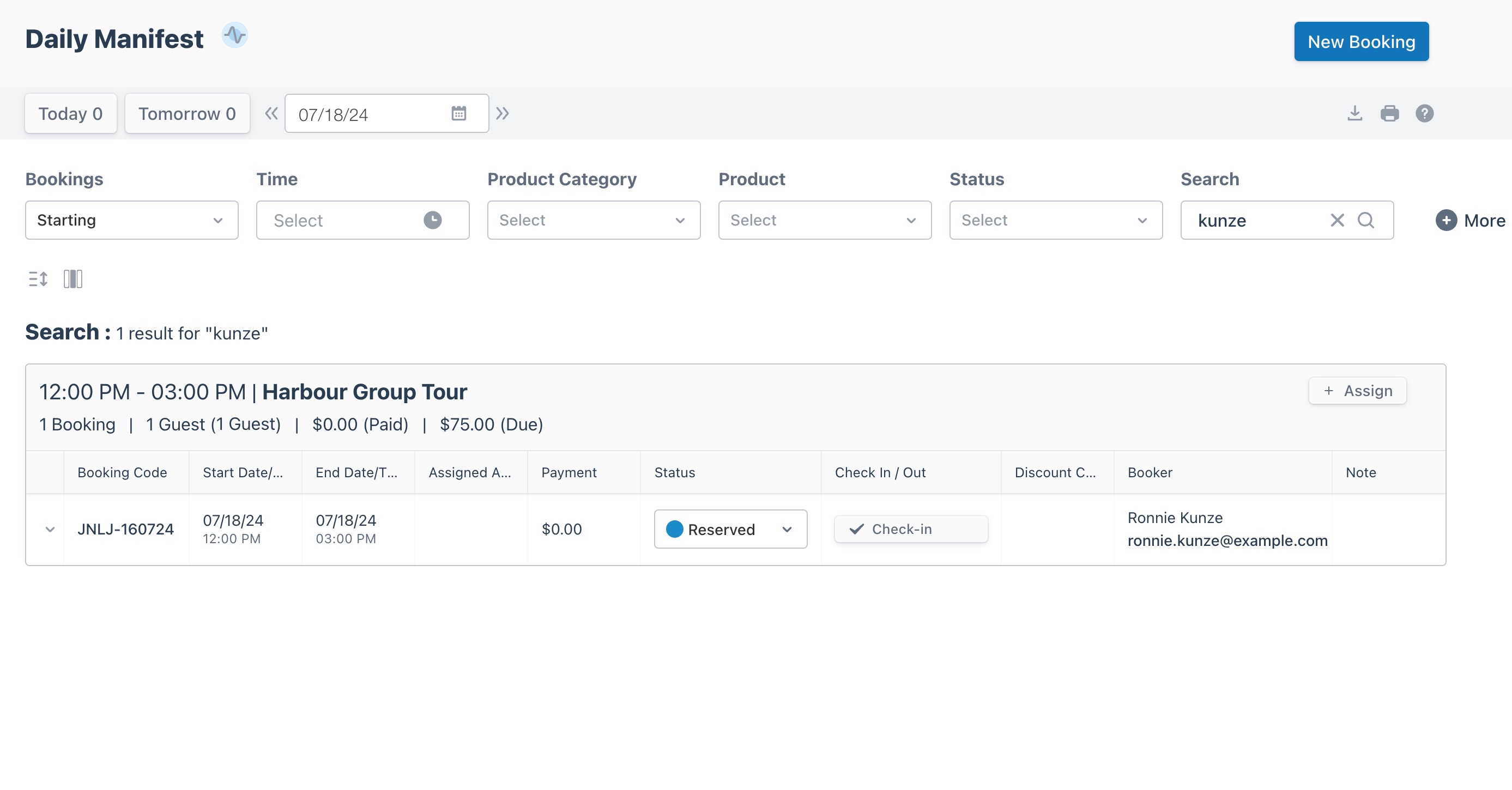 Daily manifest view displaying results filtered by search input.