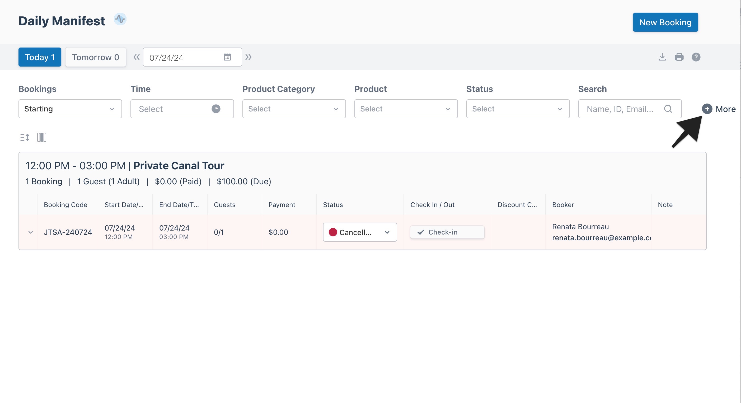Daily manifest view with an arrow highlighting the ‘More’ button to indicate selection.