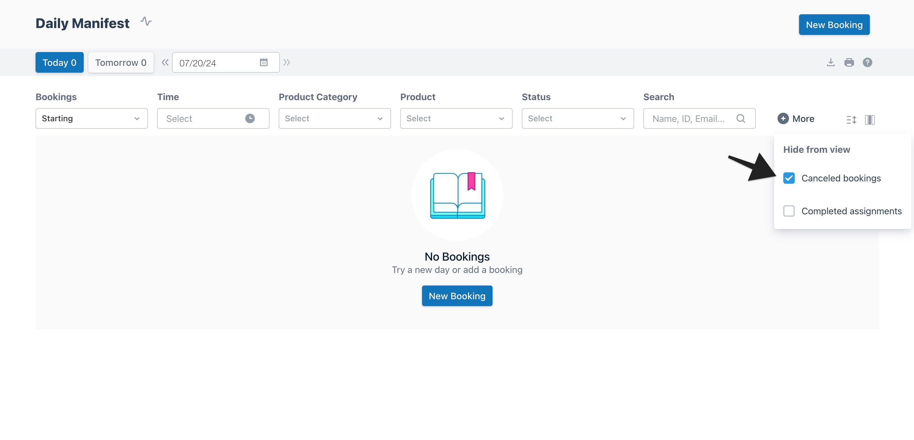 Daily manifest view with an arrow highlighting the ‘Canceled Bookings’ option in the ‘More’ dropdown menu.