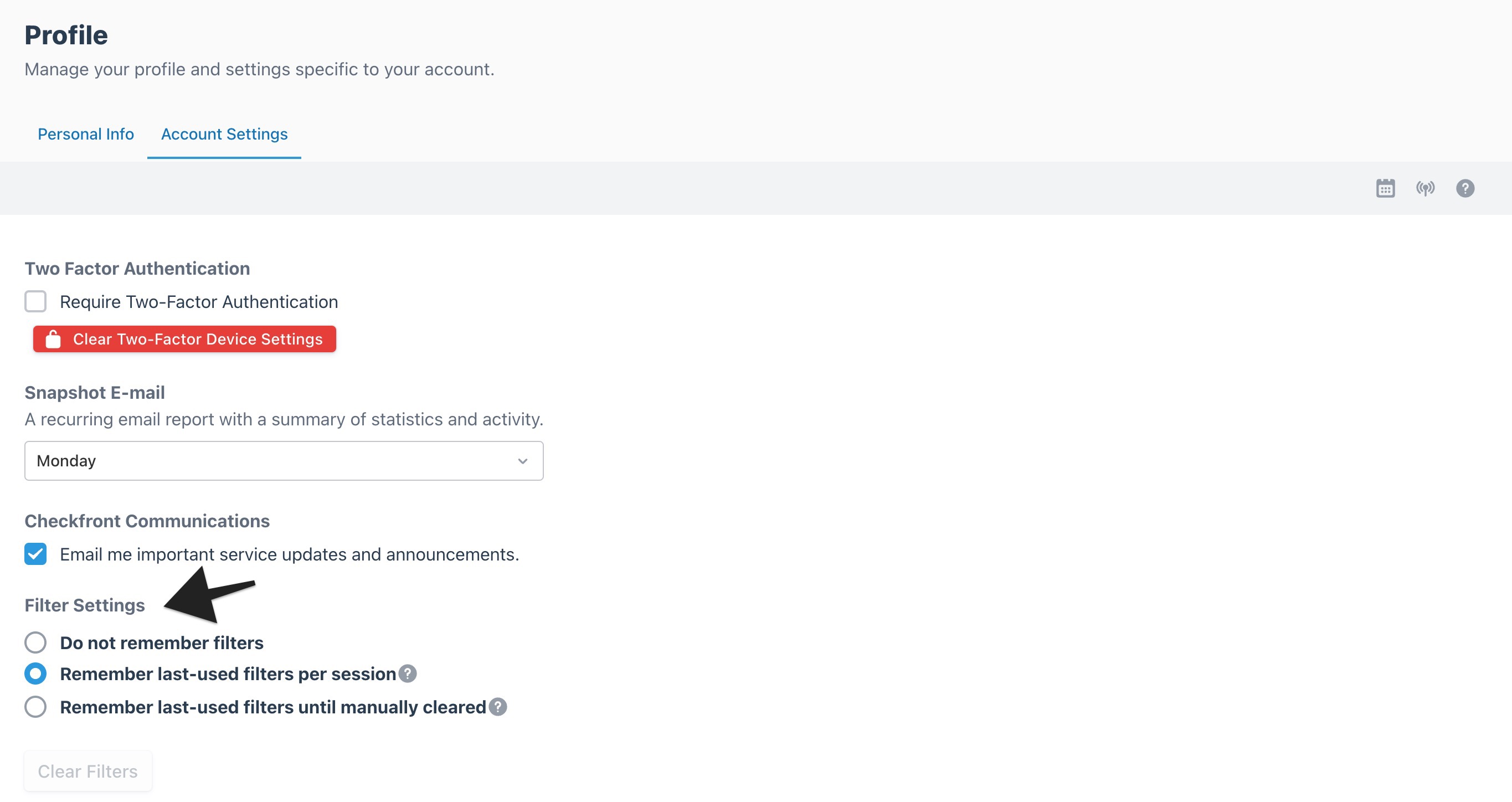 Profile page with an arrow highlighting the ‘Filter Settings’ section.