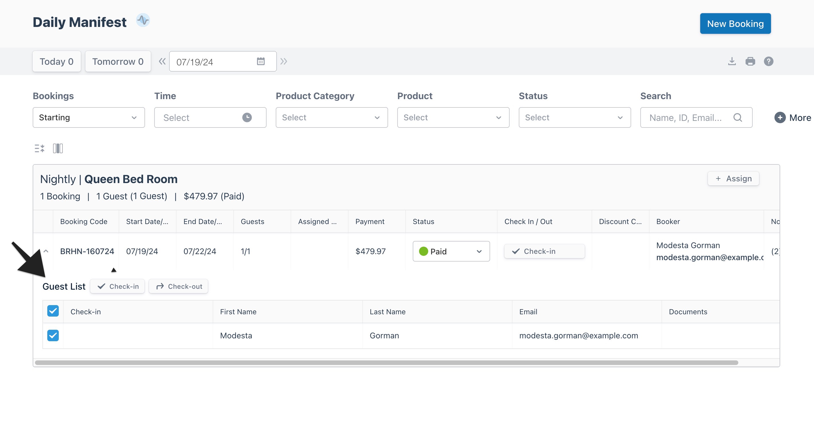 Daily manifest view with an arrow highlighting the ‘Guest List’ section for an active booking.