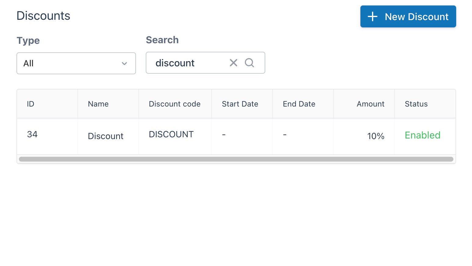Discounts page displaying search results after a search term has been entered.
