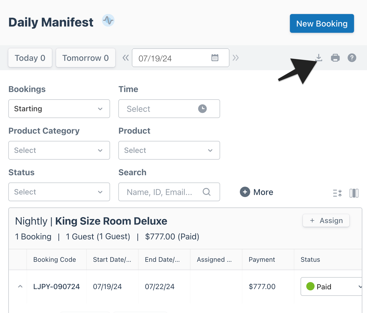 Daily manifest view with an arrow highlighting the ‘Export’ icon to indicate selection.