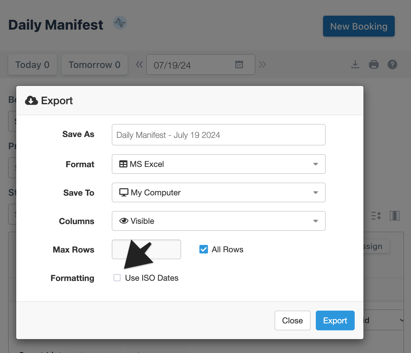 Export window with an arrow highlighting the ‘Formatting' field to indicate selection.