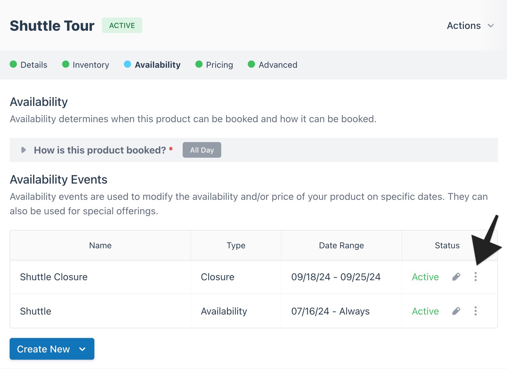 Availability events list for Shuttle Tour with menu dots under status column.