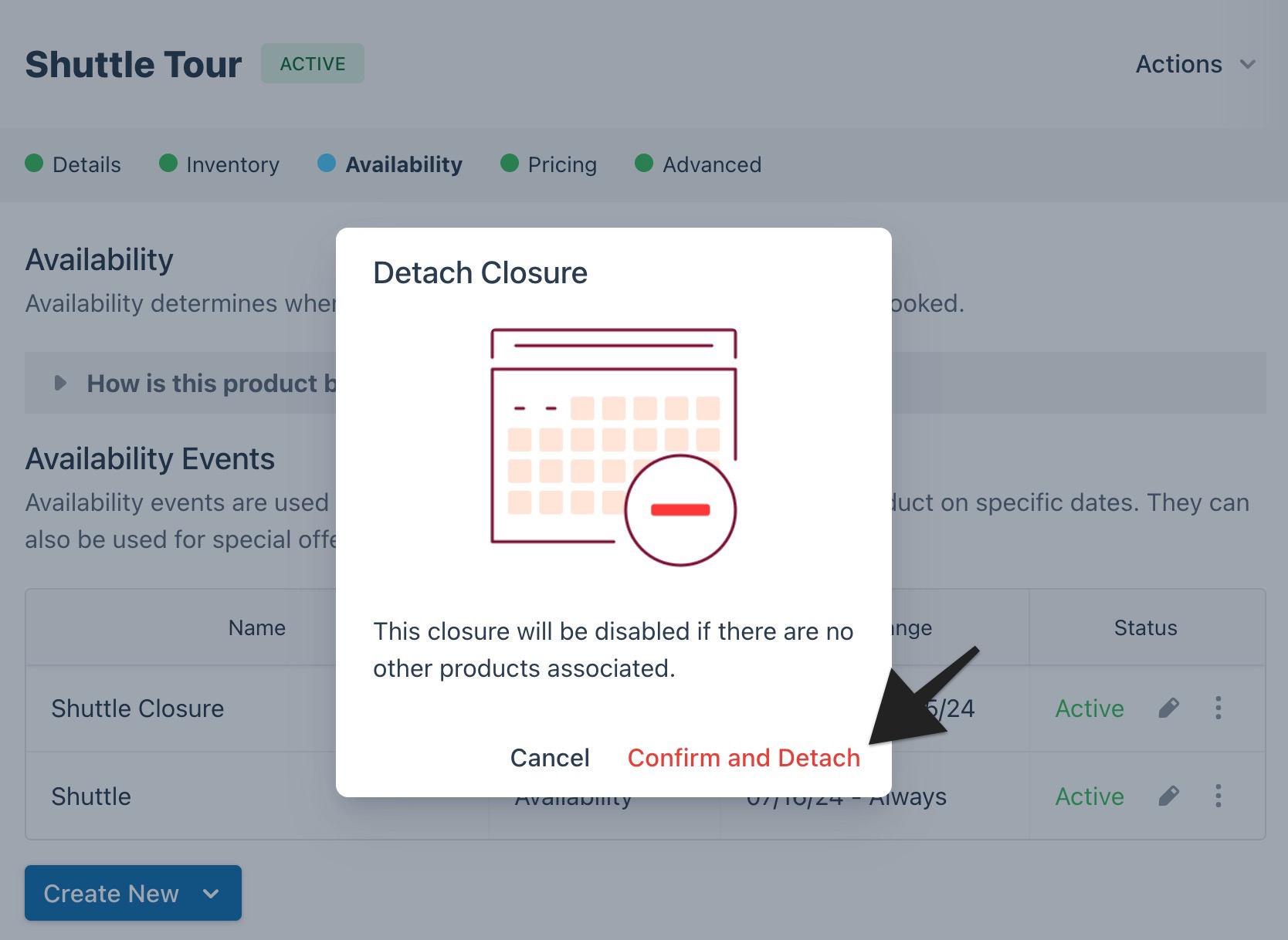 Detach closure confirmation modal with option to confirm and detach.