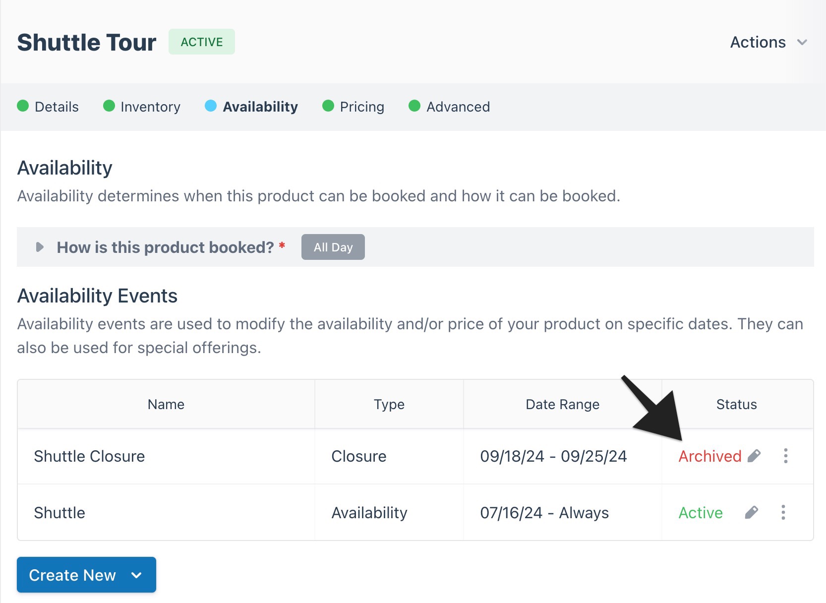 Availability events list for Shuttle Tour showing Shuttle Closure archived and Shuttle active.