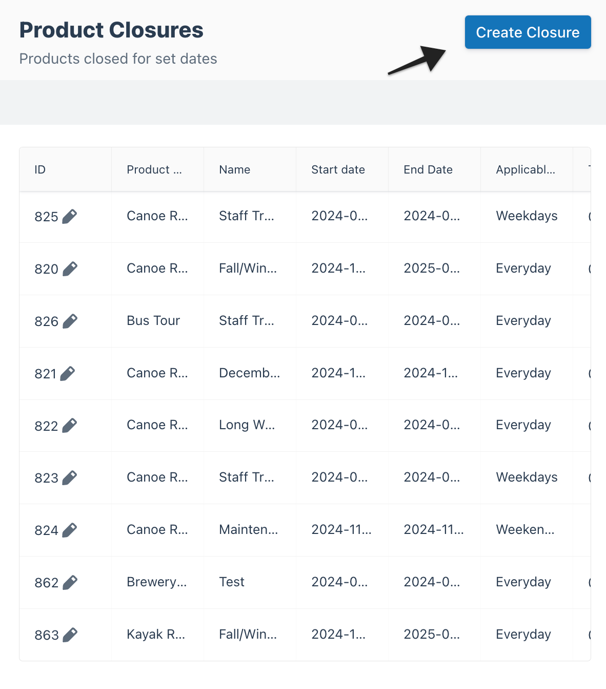 Product closures page with a highlighted arrow pointing to the “Create Closure” button at the top right.