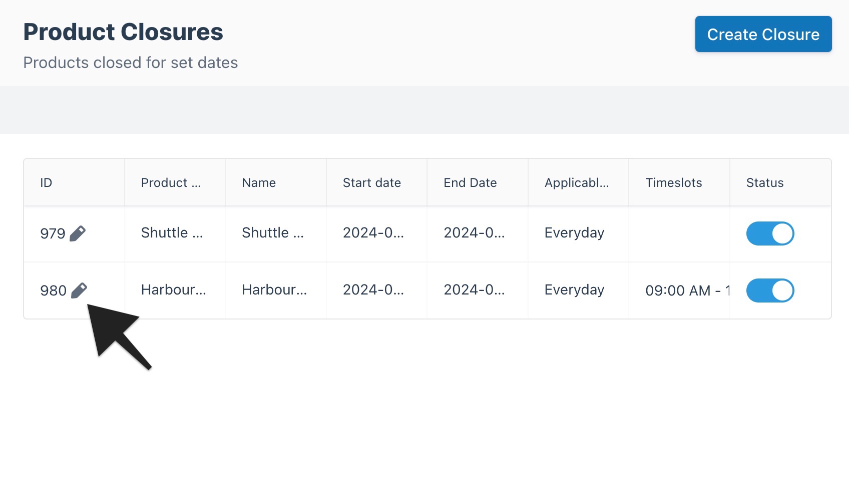 Product closures list with a highlighted arrow pointing to the pencil icon for editing a specific closure.