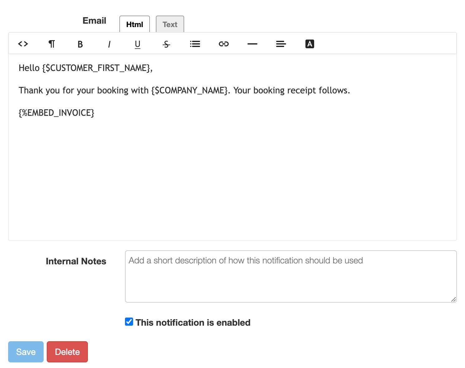 Preview window of a booking receipt email with customer details, company branding, and invoice information.