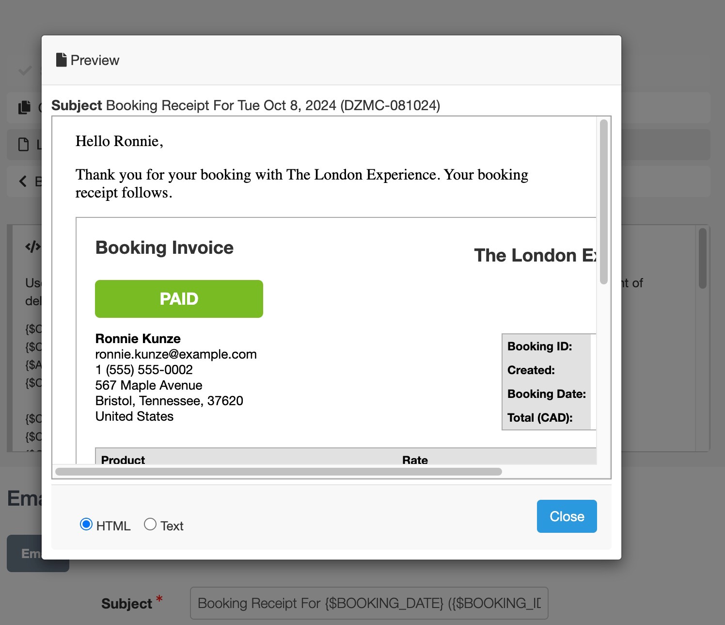 Email editor showing sample text with variables for customer name and company name along with an embedded invoice placeholder.