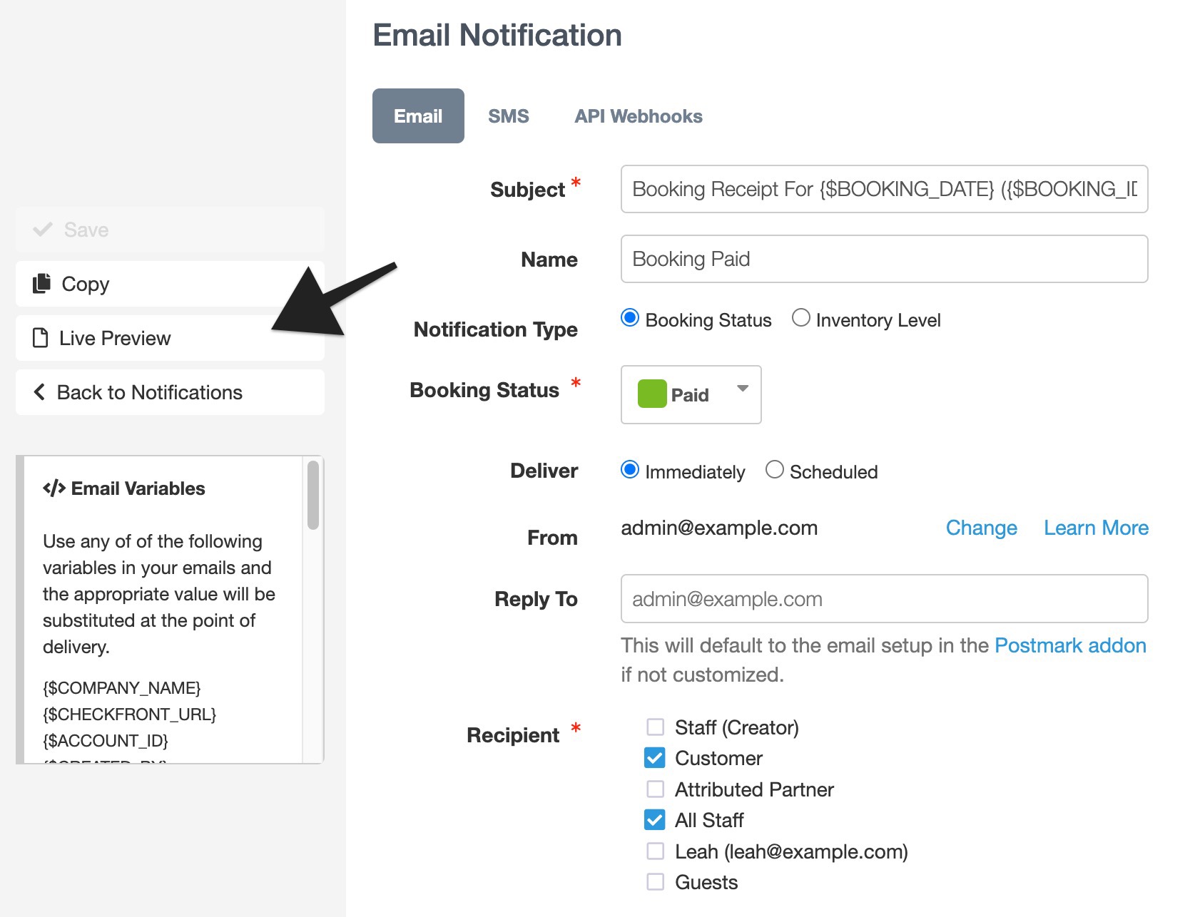 Preview window showing a booking receipt email with customer details, booking invoice, and payment status.