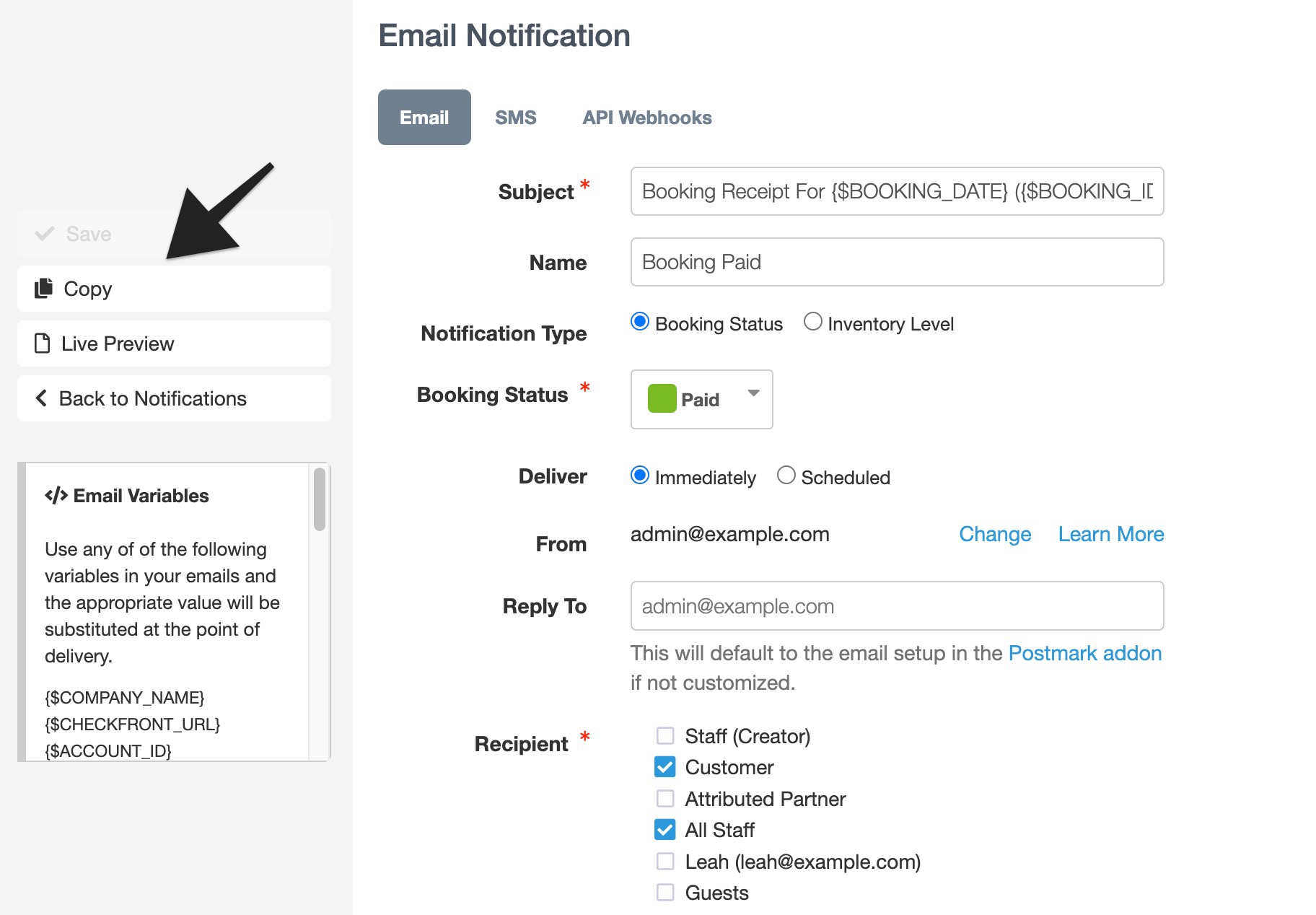 Email Notification settings screen with an arrow pointing to the 