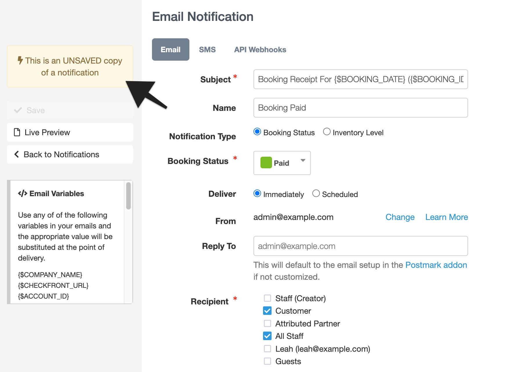 Email Notification editor showing a yellow banner warning that this is an unsaved copy of a notification.