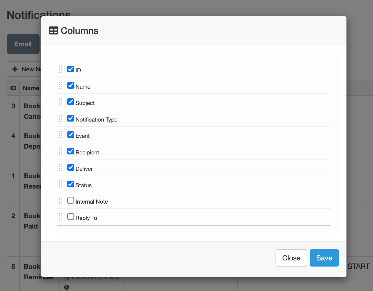 Modal window showing the column visibility options for notifications, including ID, Name, Subject, Notification Type, Event, Recipient, Deliver, Status, Internal Note, and Reply To.