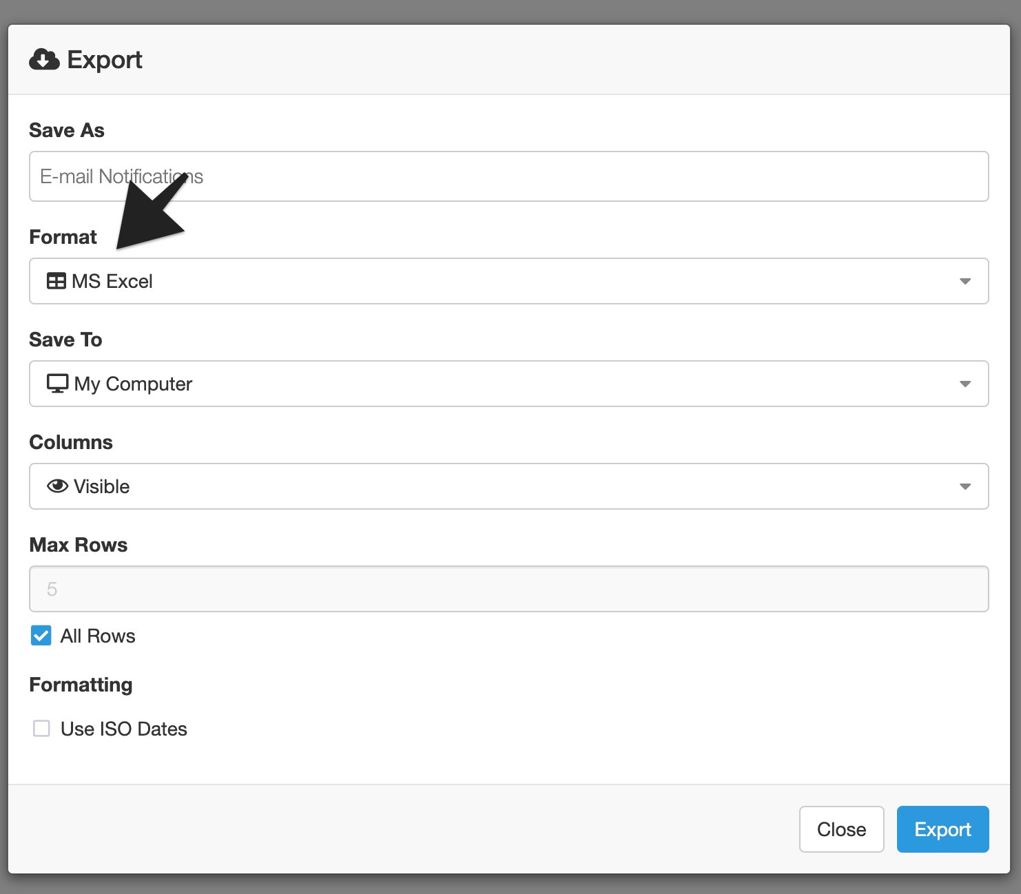 Export modal with an arrow pointing to the Format field set to MS Excel.