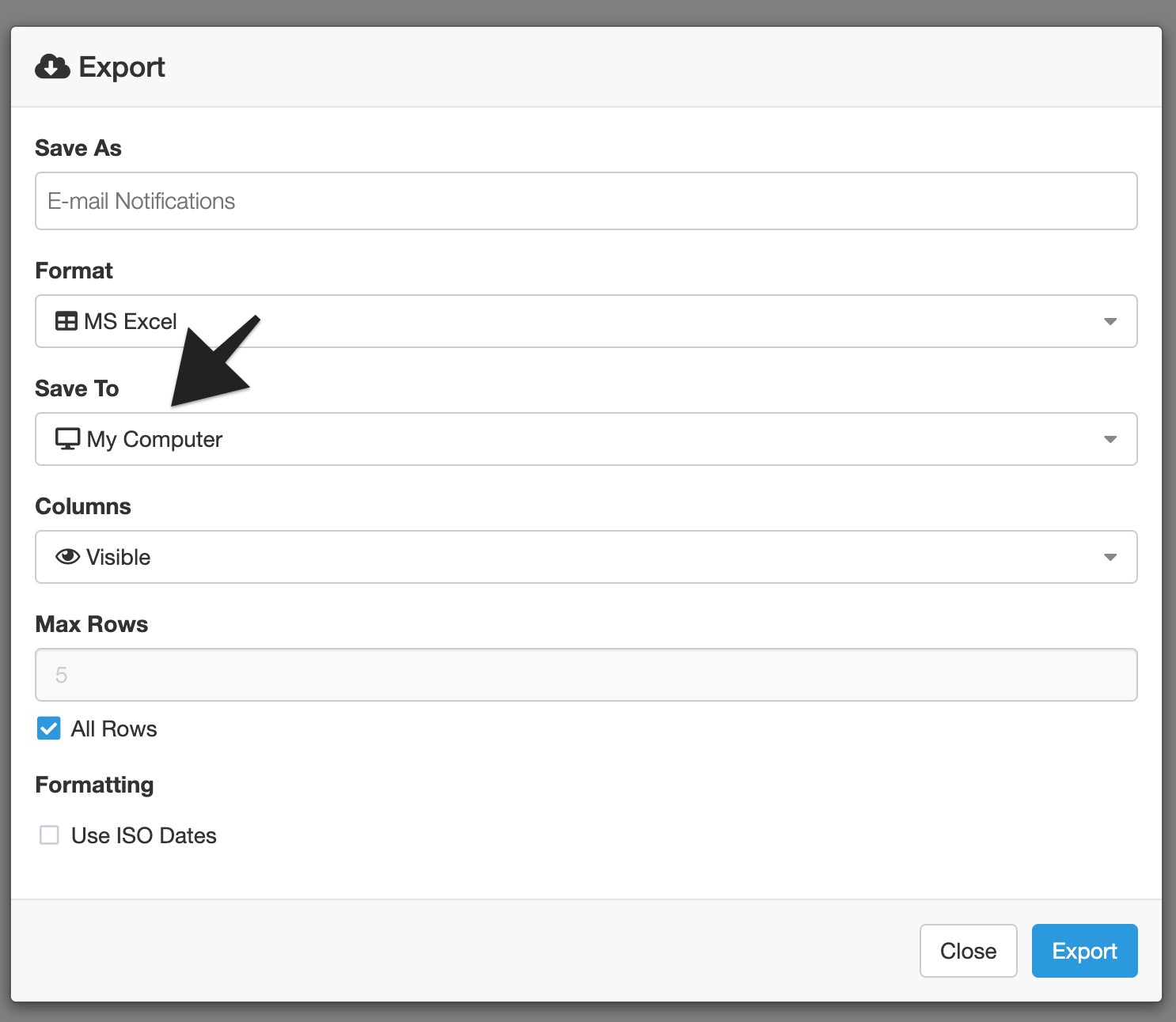 Export modal with an arrow pointing to the Save To field set to My Computer.