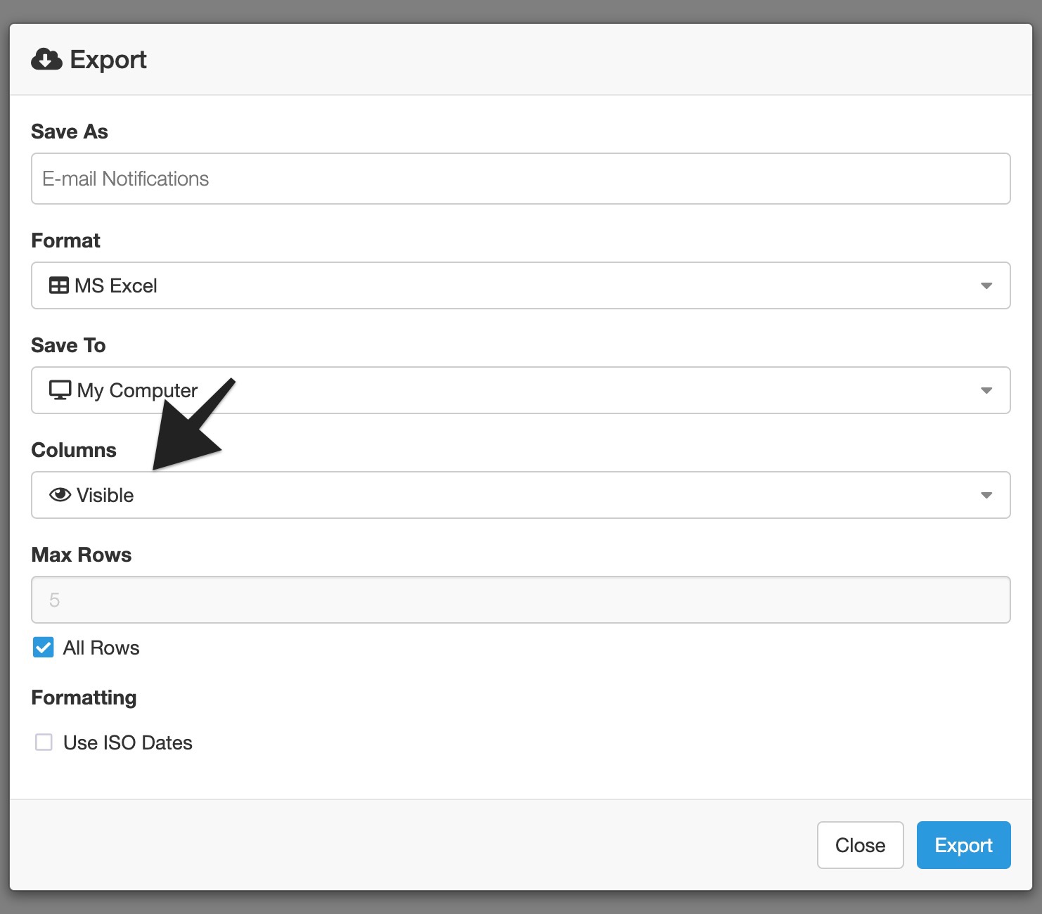Export modal with an arrow pointing to the Columns field set to Visible.