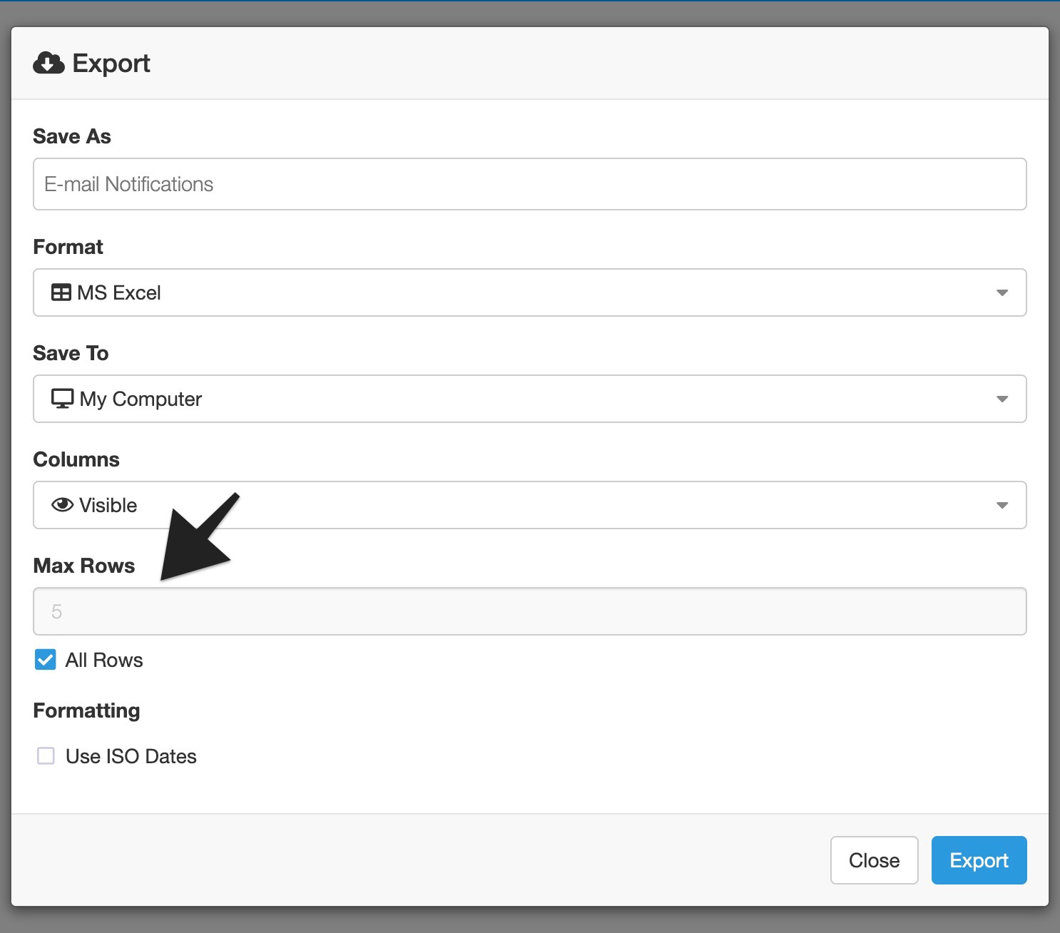 Export modal with an arrow pointing to the Max Rows field, showing All Rows selected.