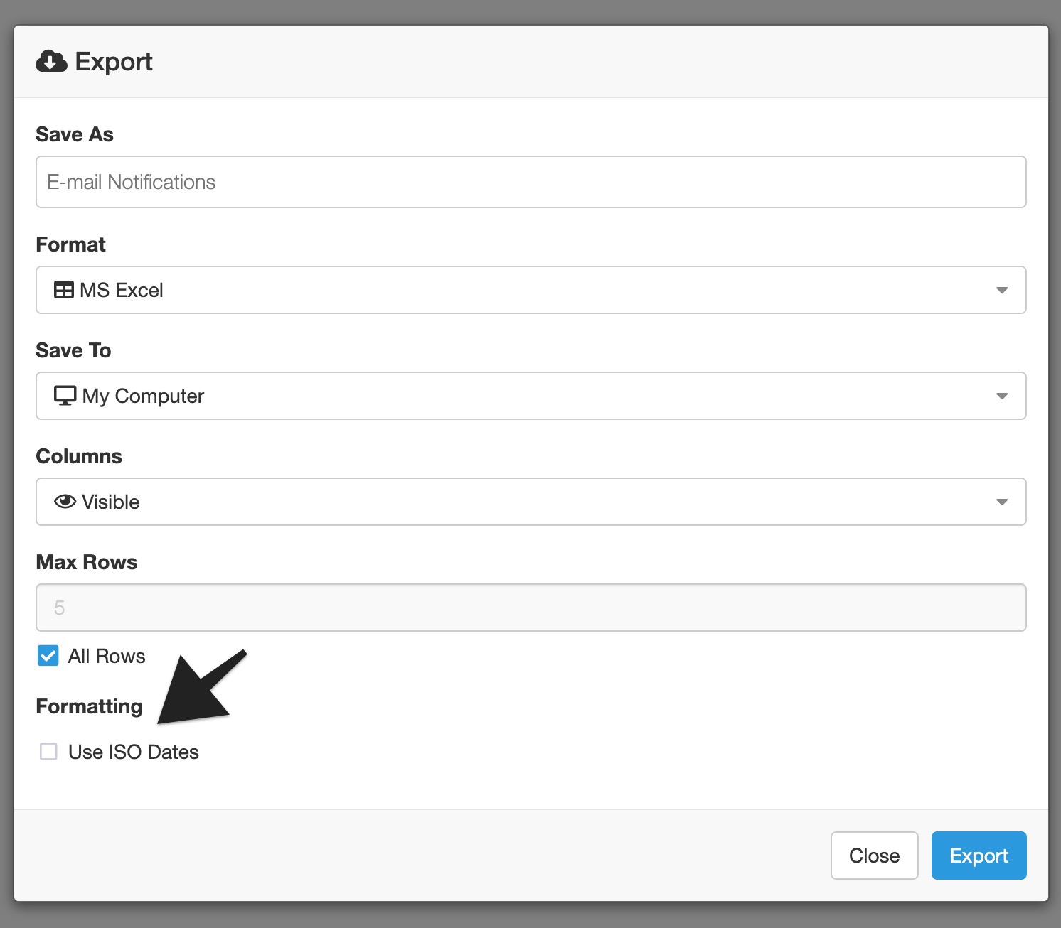 Export modal with an arrow pointing to the Use ISO Dates formatting option.