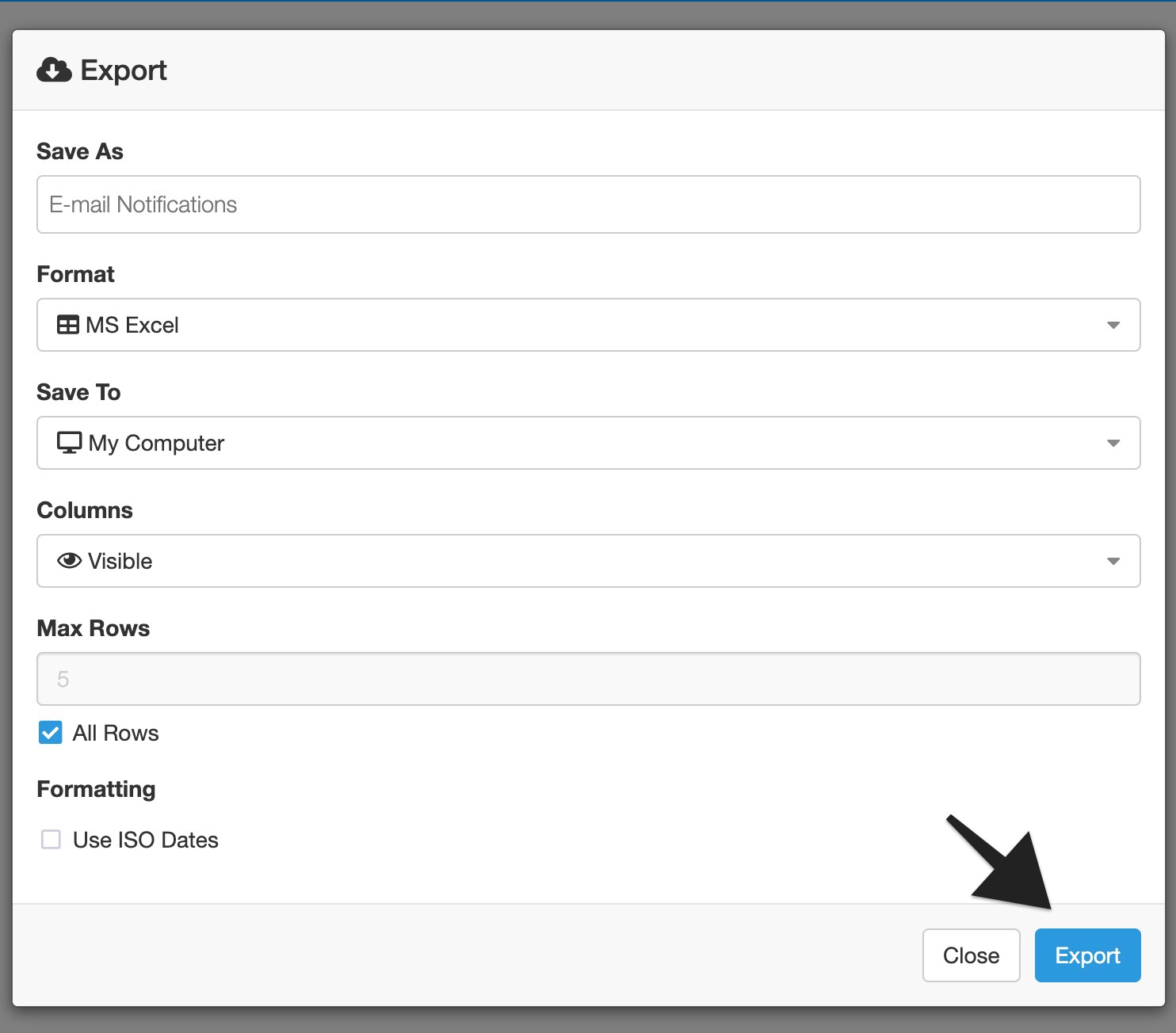 Export modal with an arrow pointing to the blue Export button at the bottom.