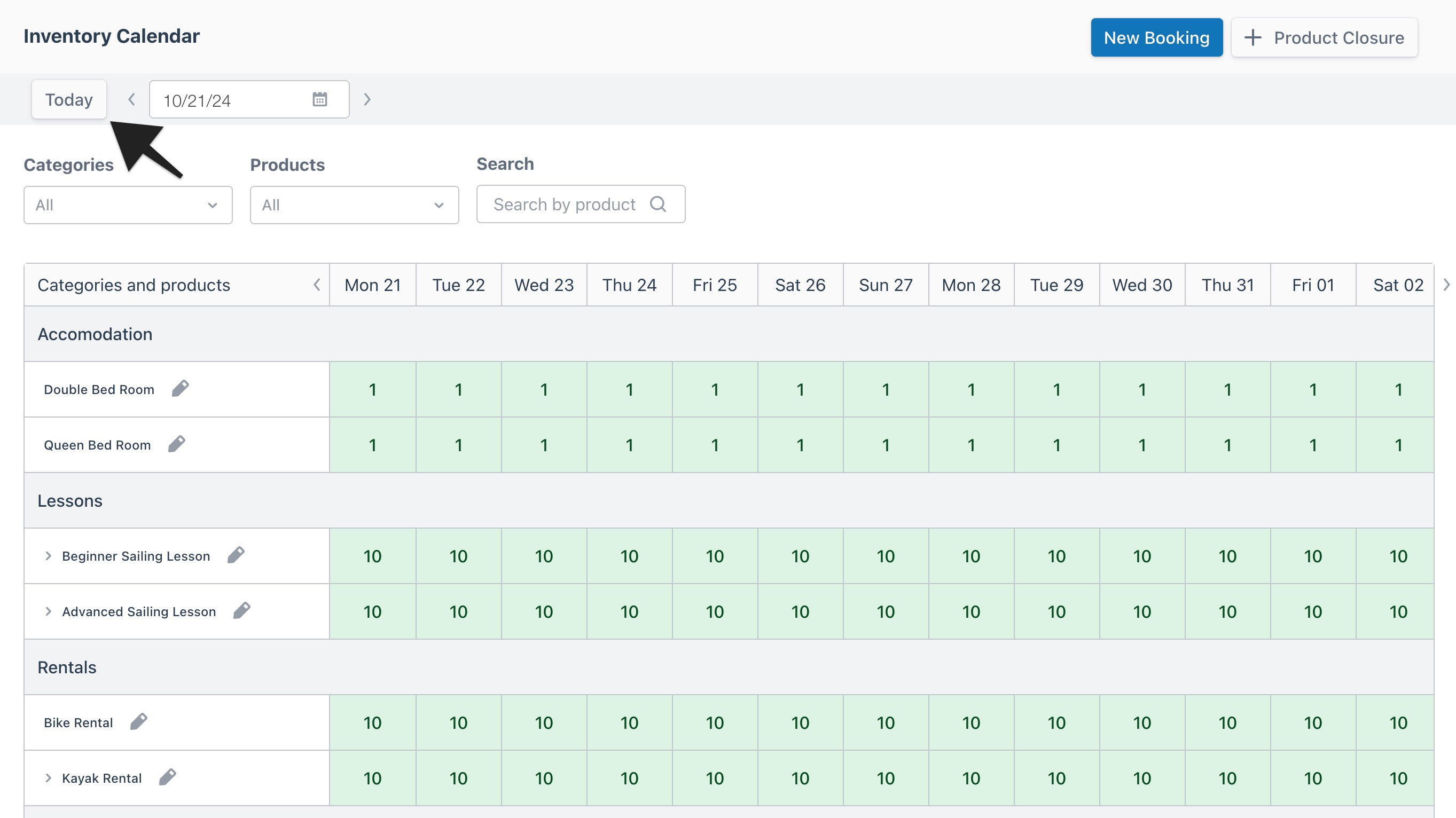Inventory calendar view with an arrow highlighting the ‘Today’ button to indicate selection.