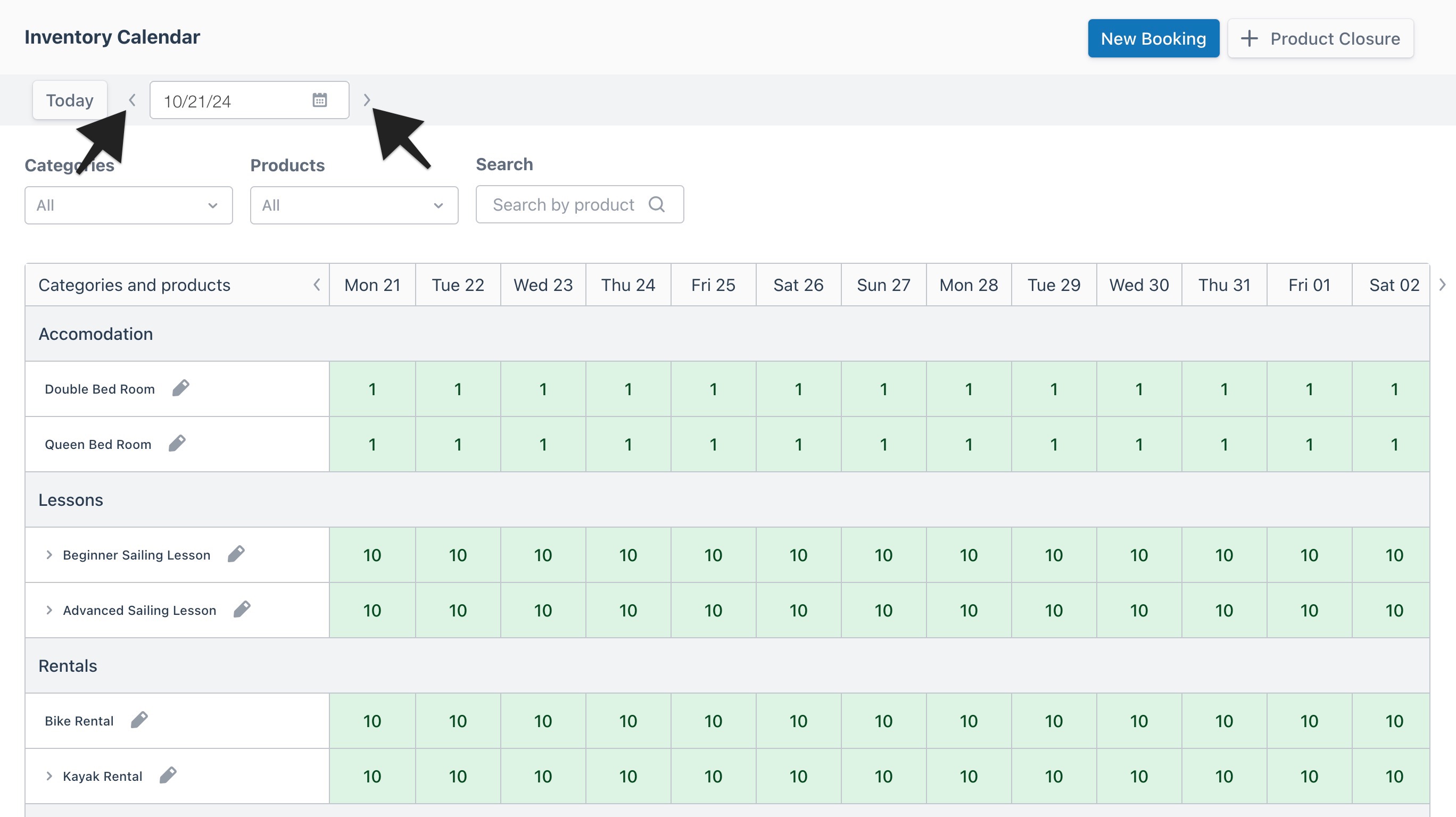 Inventory calendar view with two arrows highlighting the forward and backward date buttons to indicate selection.