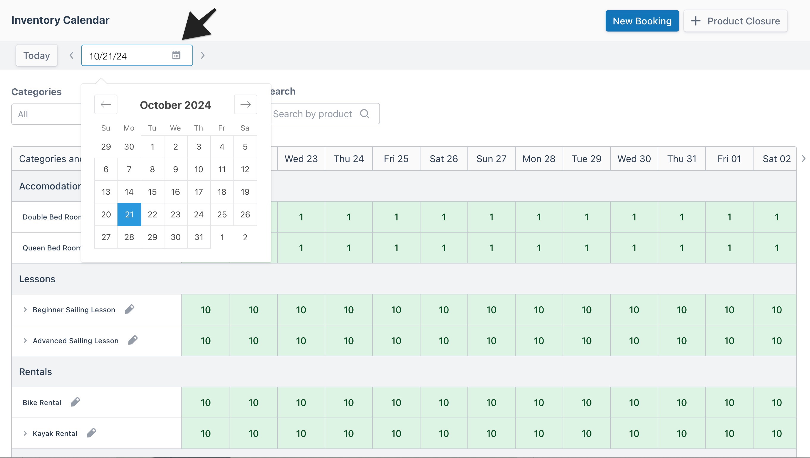 Inventory calendar view with an arrow highlighting the date field to indicate selection.
