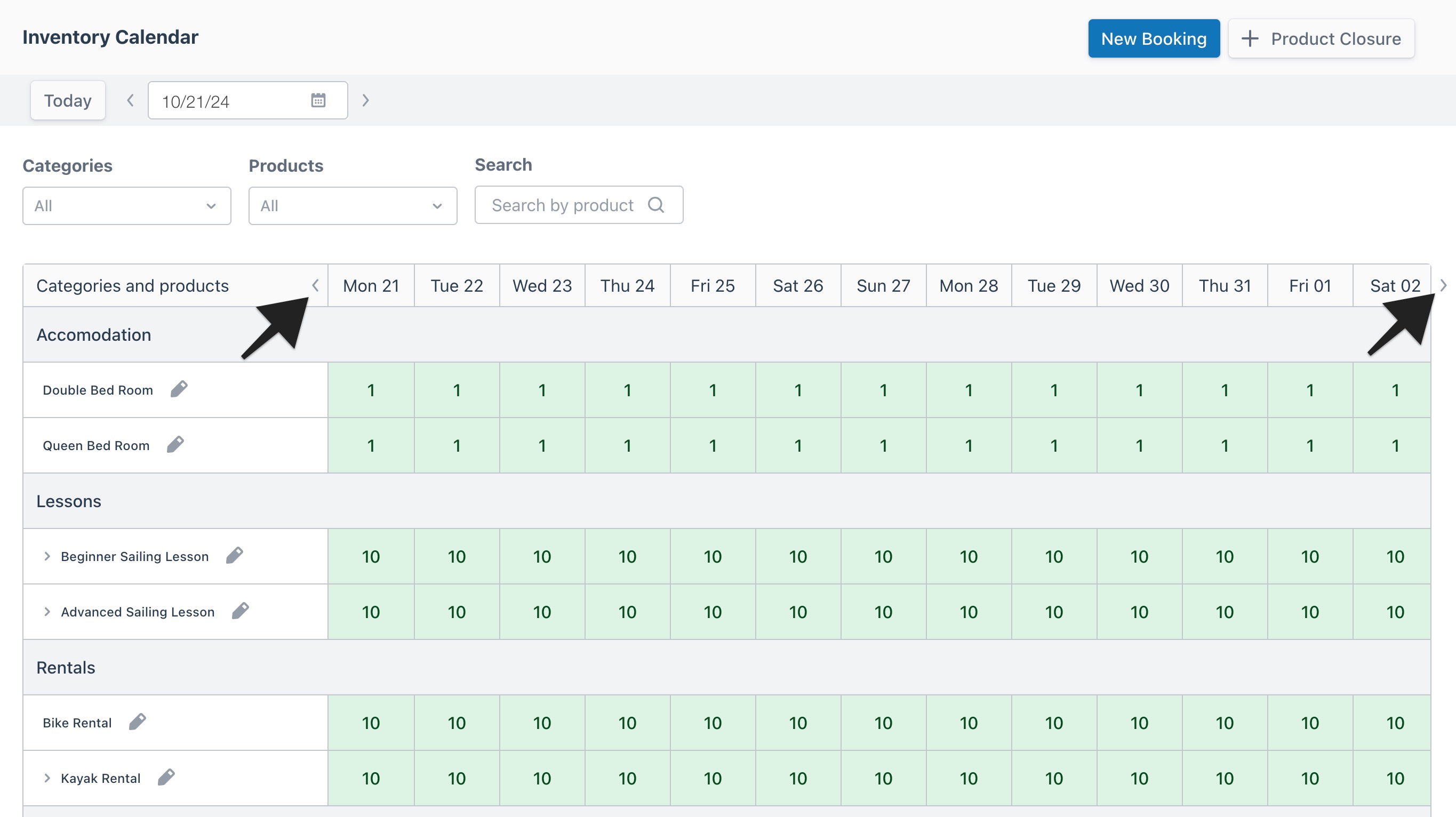 Inventory calendar view with two arrows highlighting the forward and backward scrolling date range buttons to indicate selection.