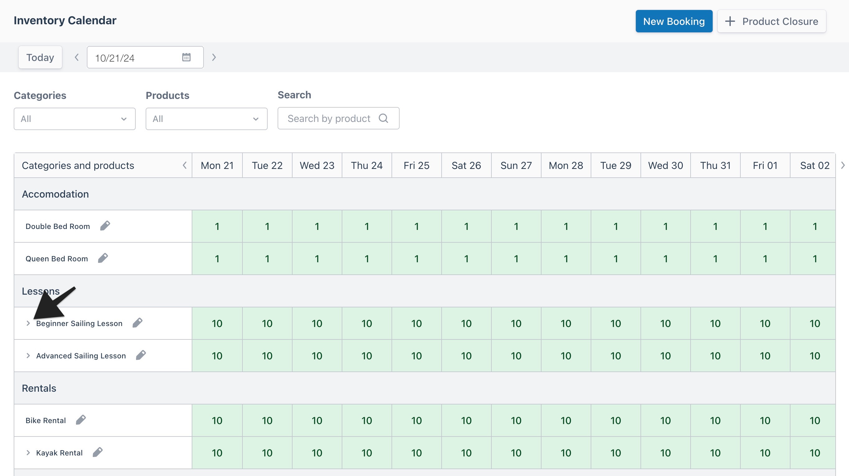 Inventory calendar view with an arrow highlighting a product row expand button to indicate selection.