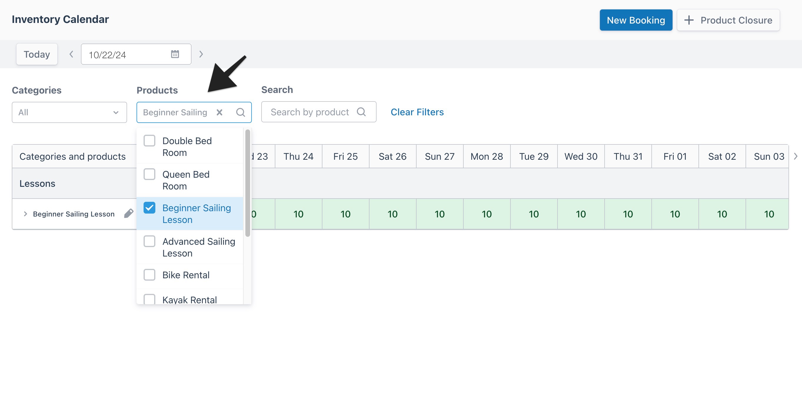 Inventory calendar view with an arrow highlighting the expanded ‘Products’ dropdown menu, showing selectable product titles.