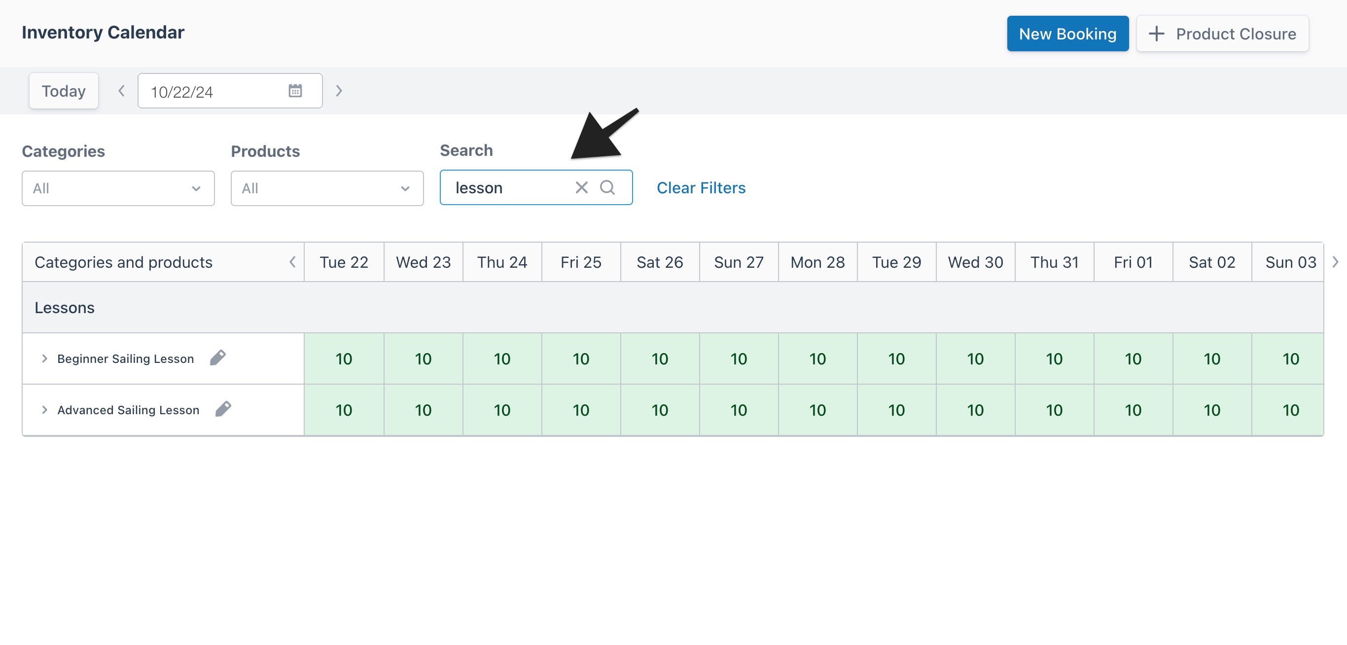 Inventory calendar view with an arrow highlighting the search field, showing filtered results on the page.