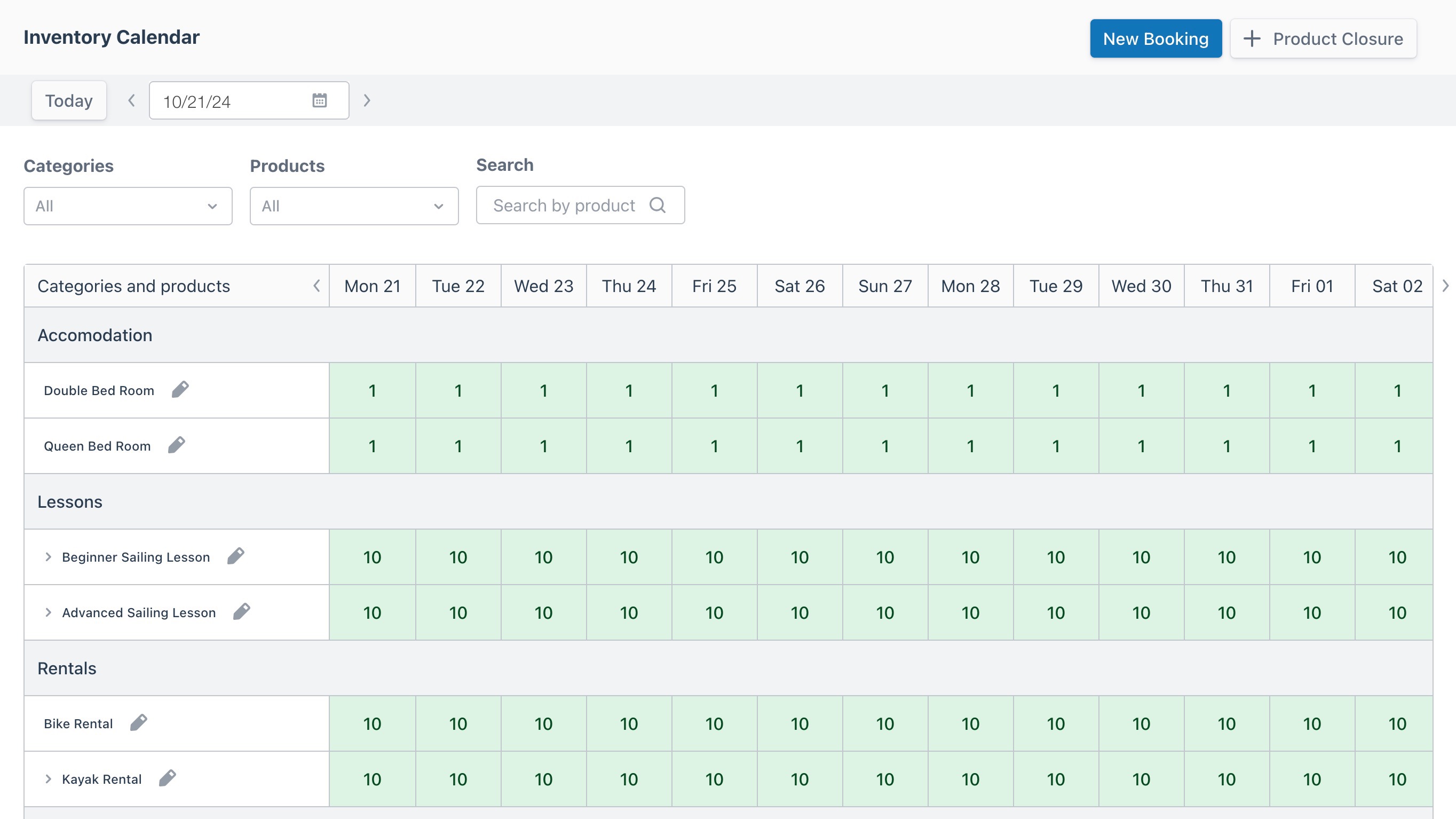 Inventory calendar overview displaying product inventory within a selected date range.