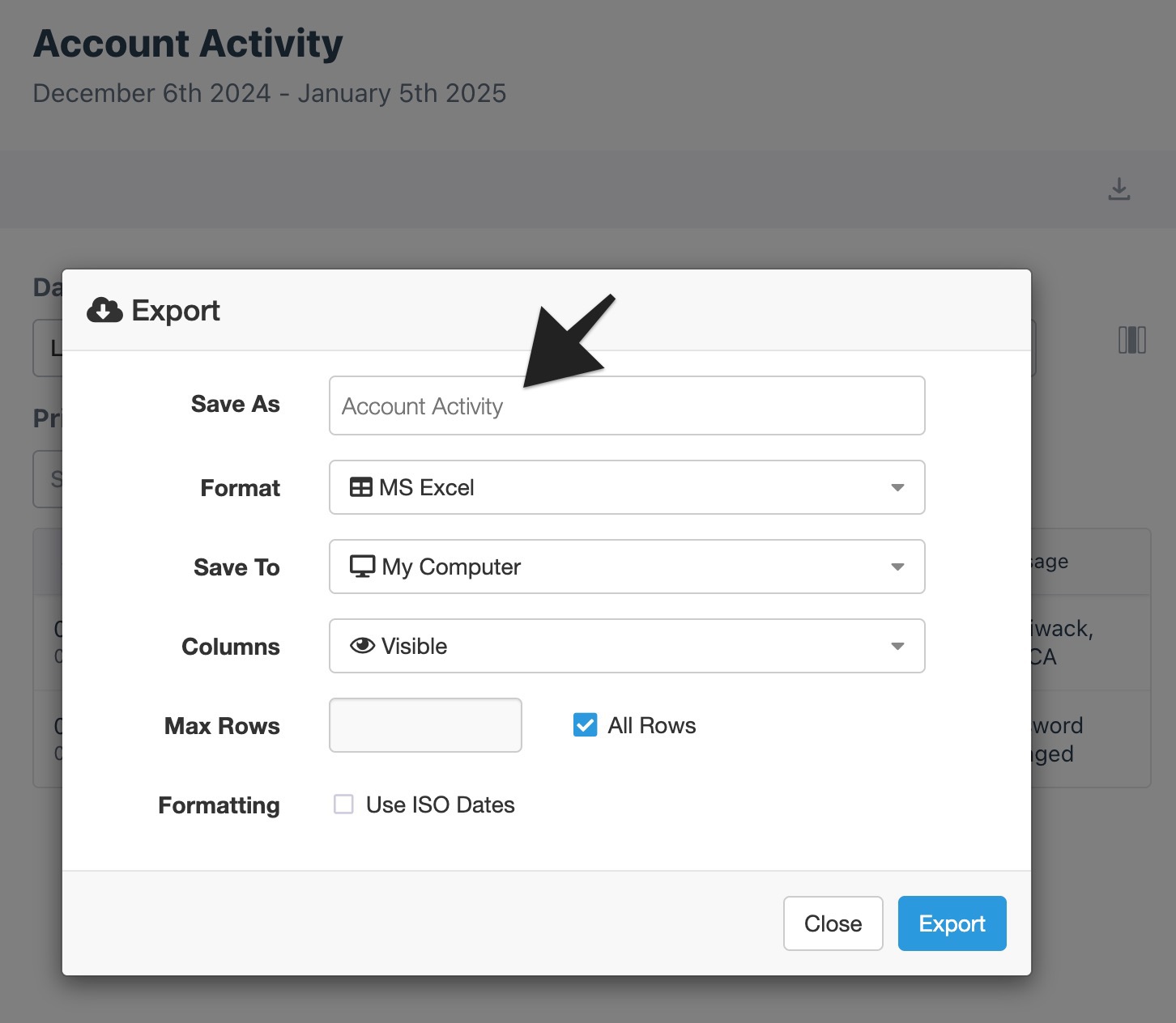 Export options dialog with the 