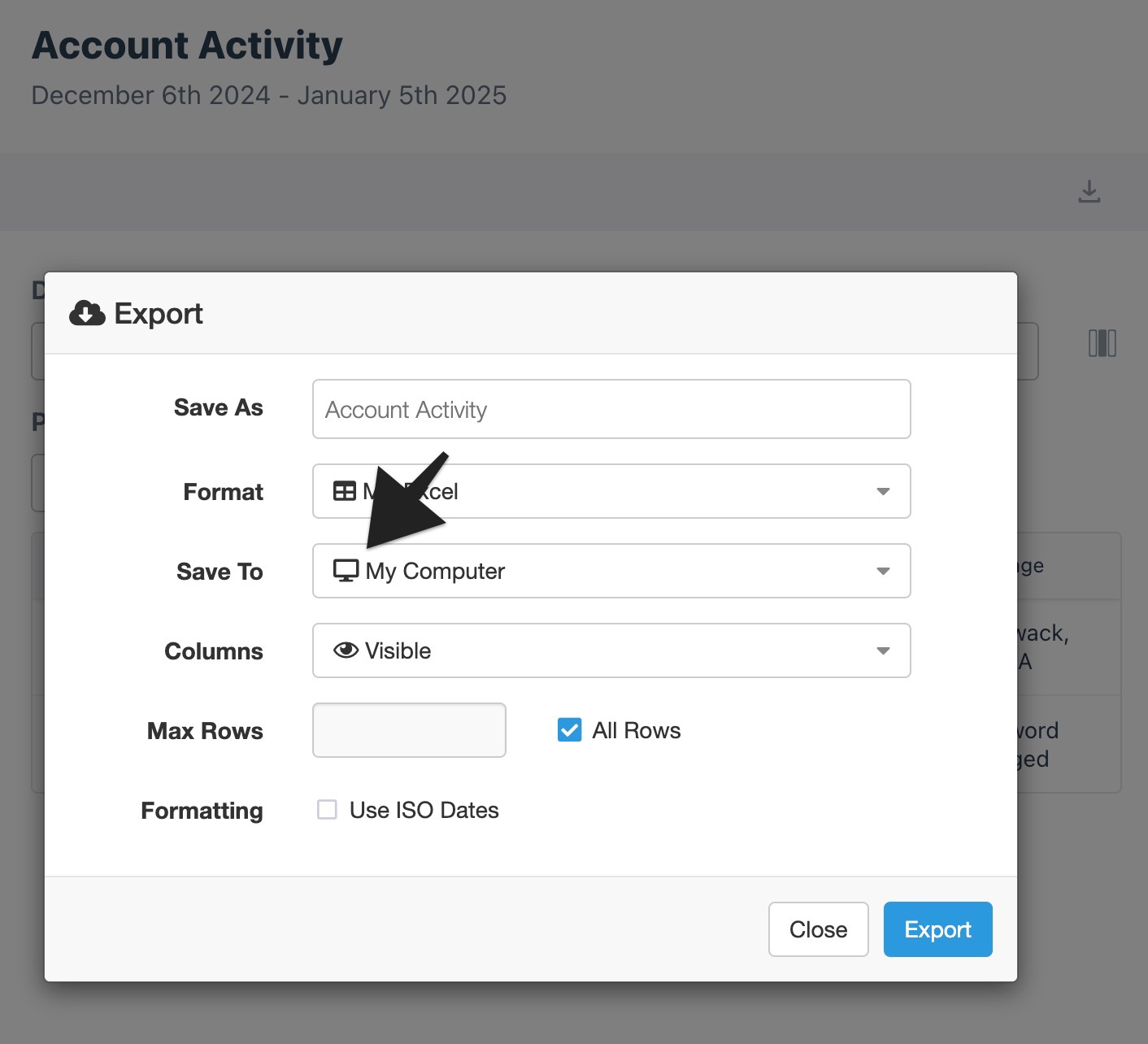 Export options dialog with 