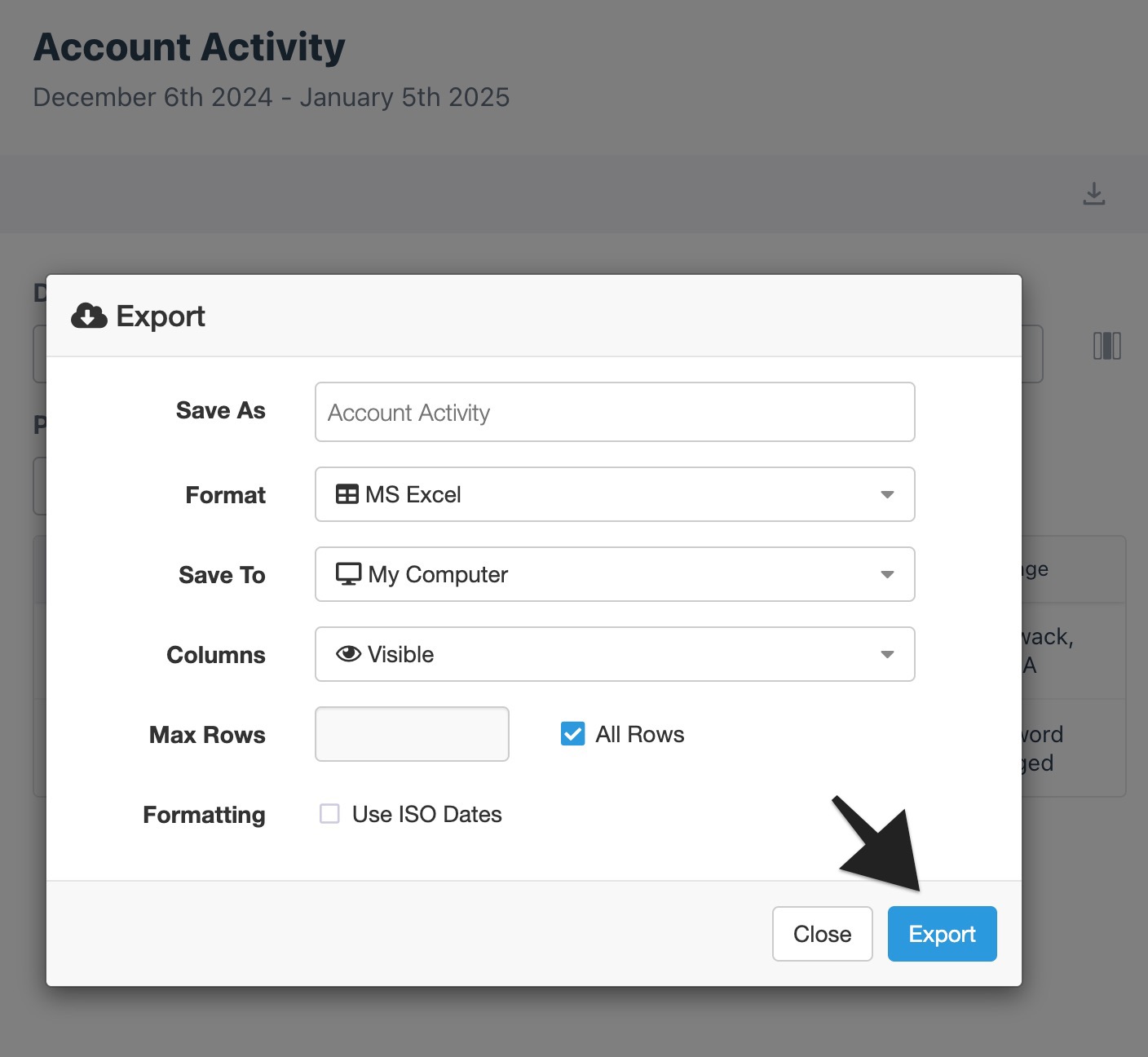Export options dialog with an arrow pointing to the blue 