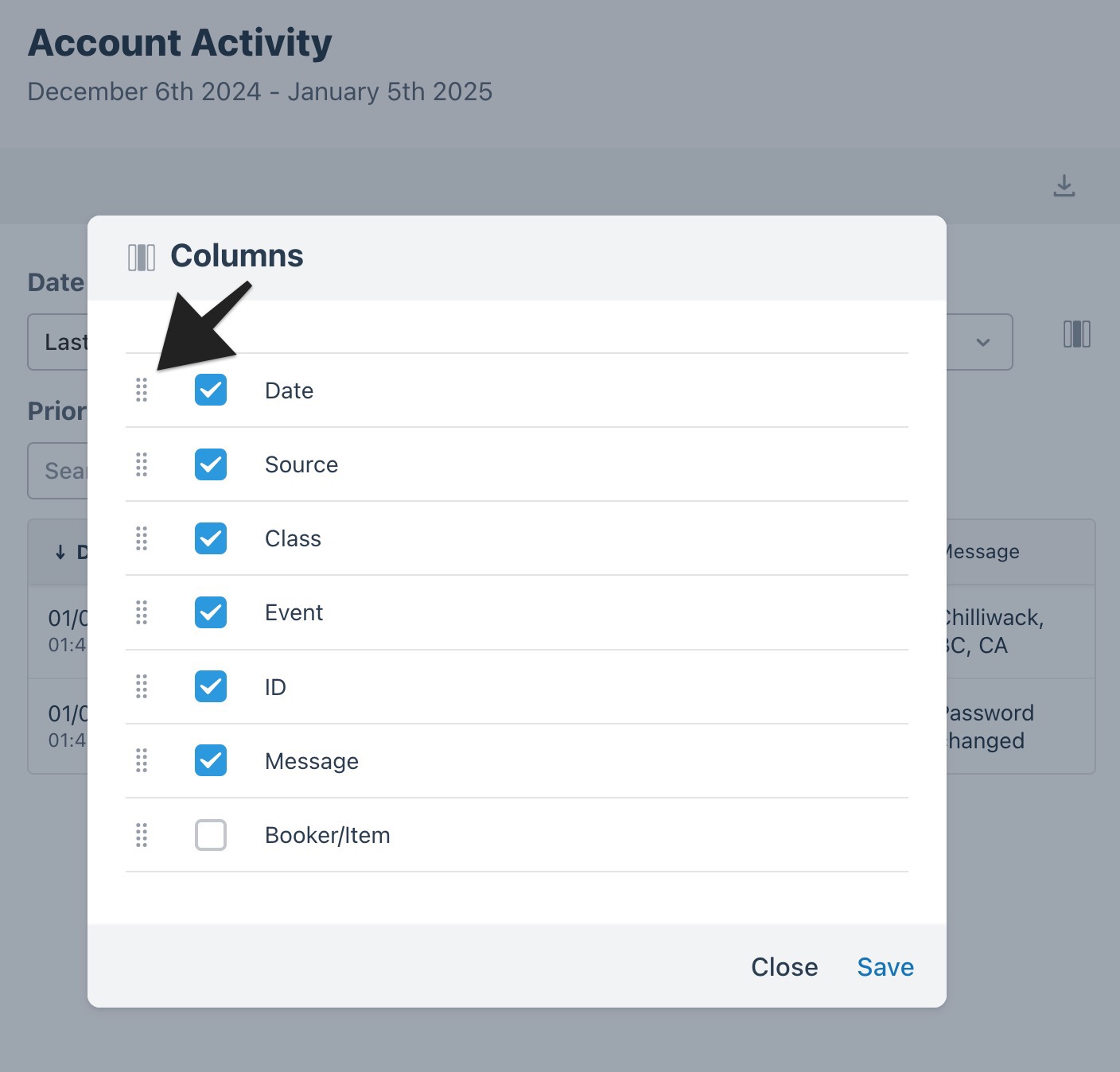 Columns settings menu with the 