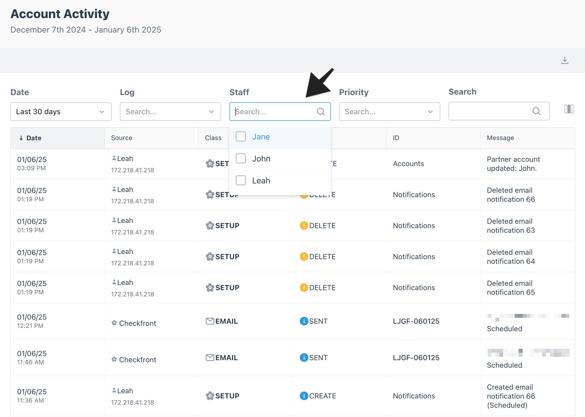 Account Activity staff filter menu expanded with a dropdown list of available staff. Options include Jane, John, and Leah. The arrow highlights the staff filter field.