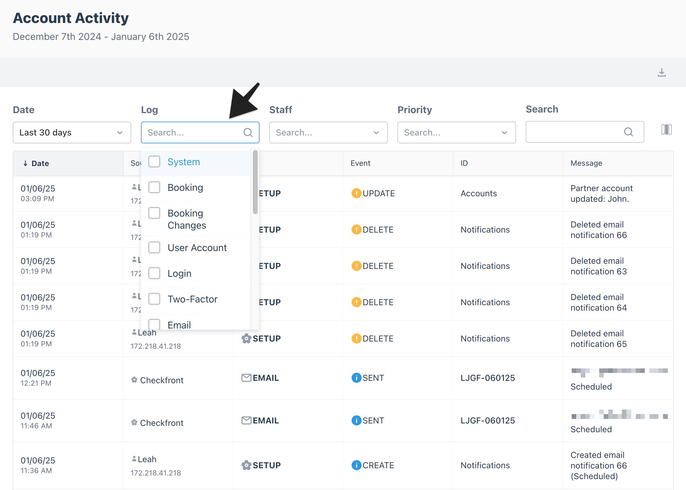 Account Activity log filter menu expanded. Options include System, Booking, Booking Changes, User Account, Login, Two-Factor, and Email. The arrow highlights the log filter field.