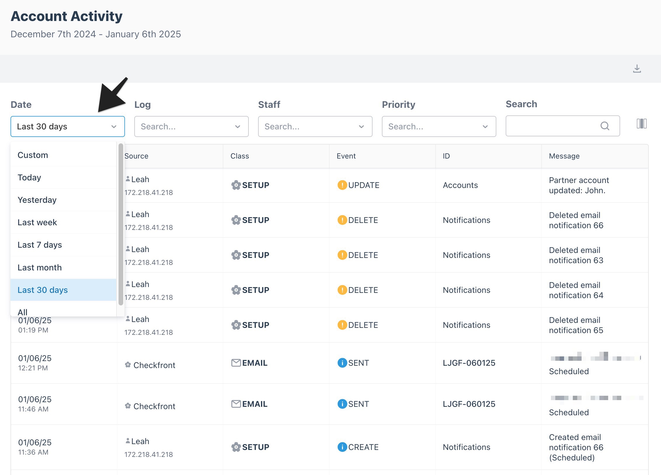 Account Activity page showing the date filter menu expanded, with options like Today, Yesterday, Last week, Last 30 days, and Custom. The arrow highlights the 