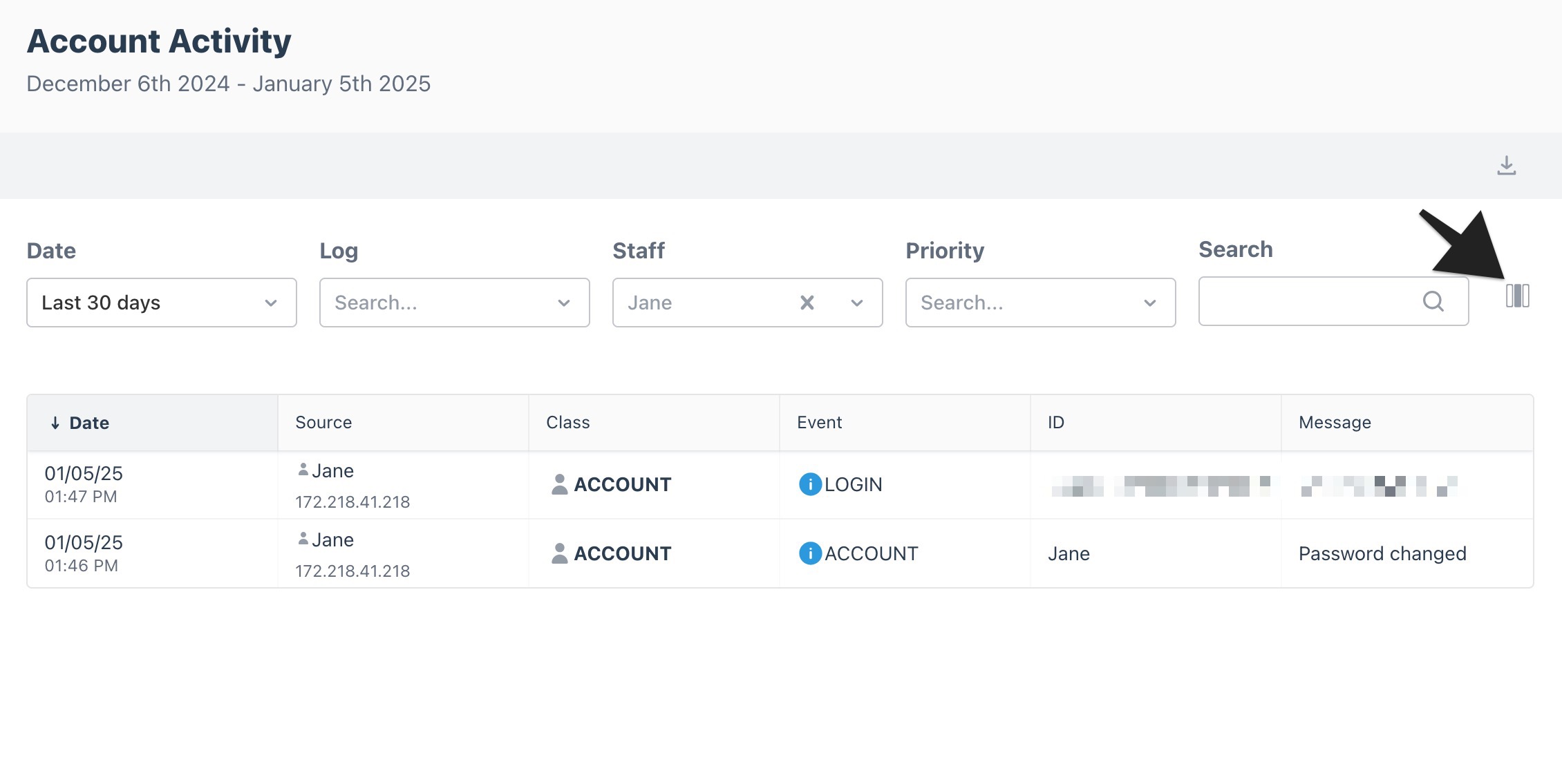 Account Activity page showing the columns button with an arrow pointing to the icon for adjusting visible table columns.