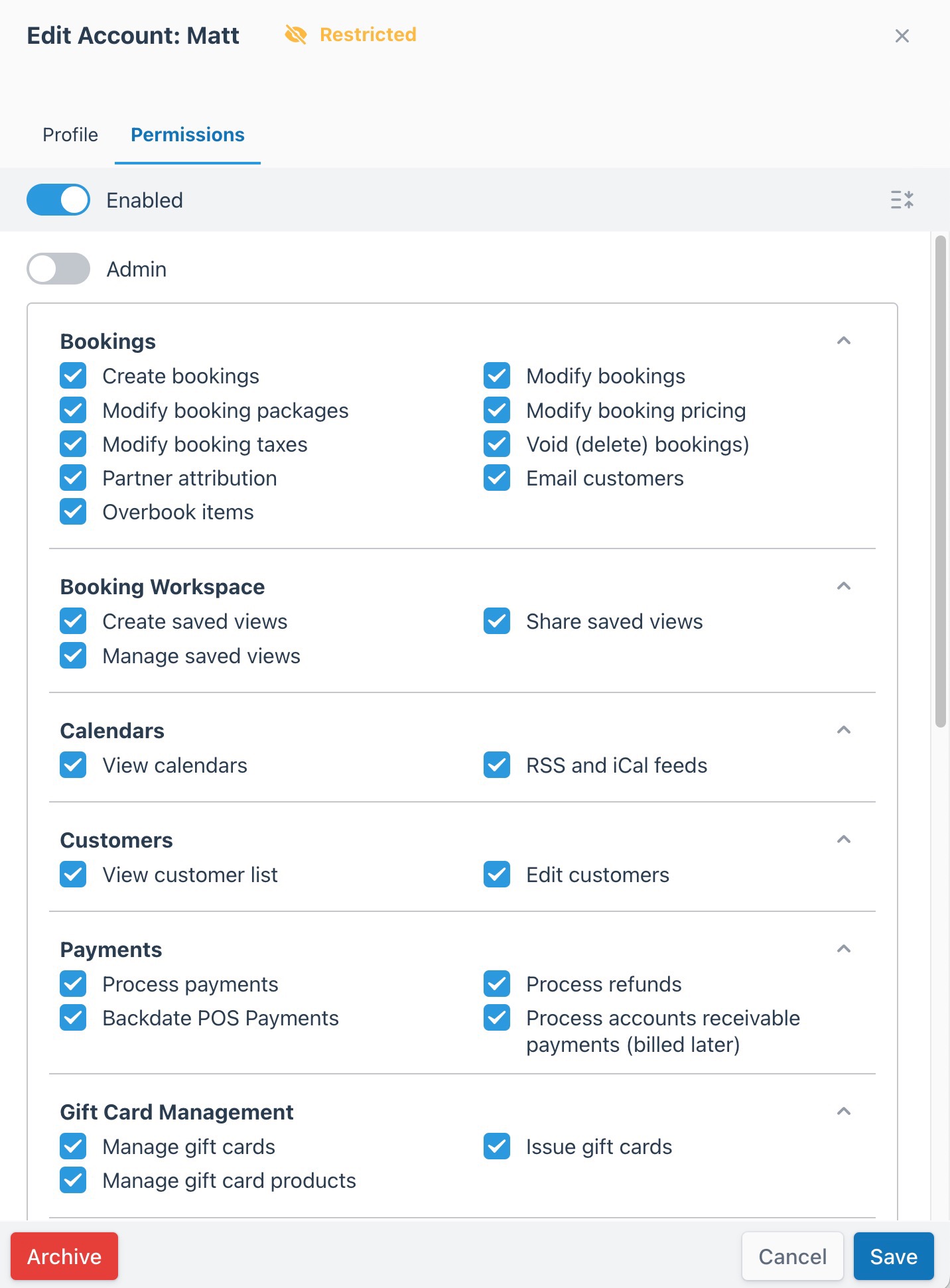 Staff permissions page showing expanded permission categories.
