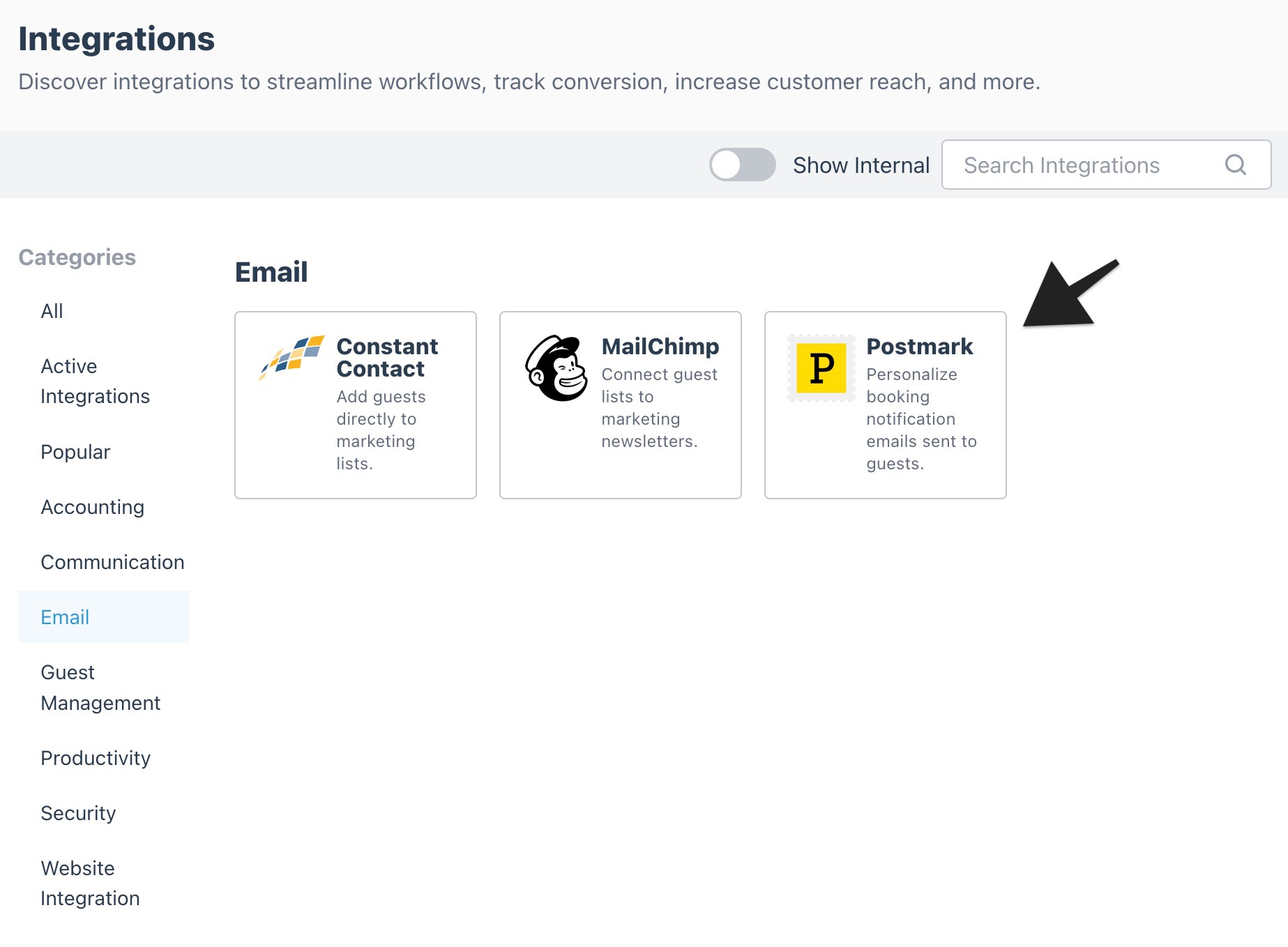 Integrations page with an arrow highlighting the ‘Postmark’ tile to indicate selection.