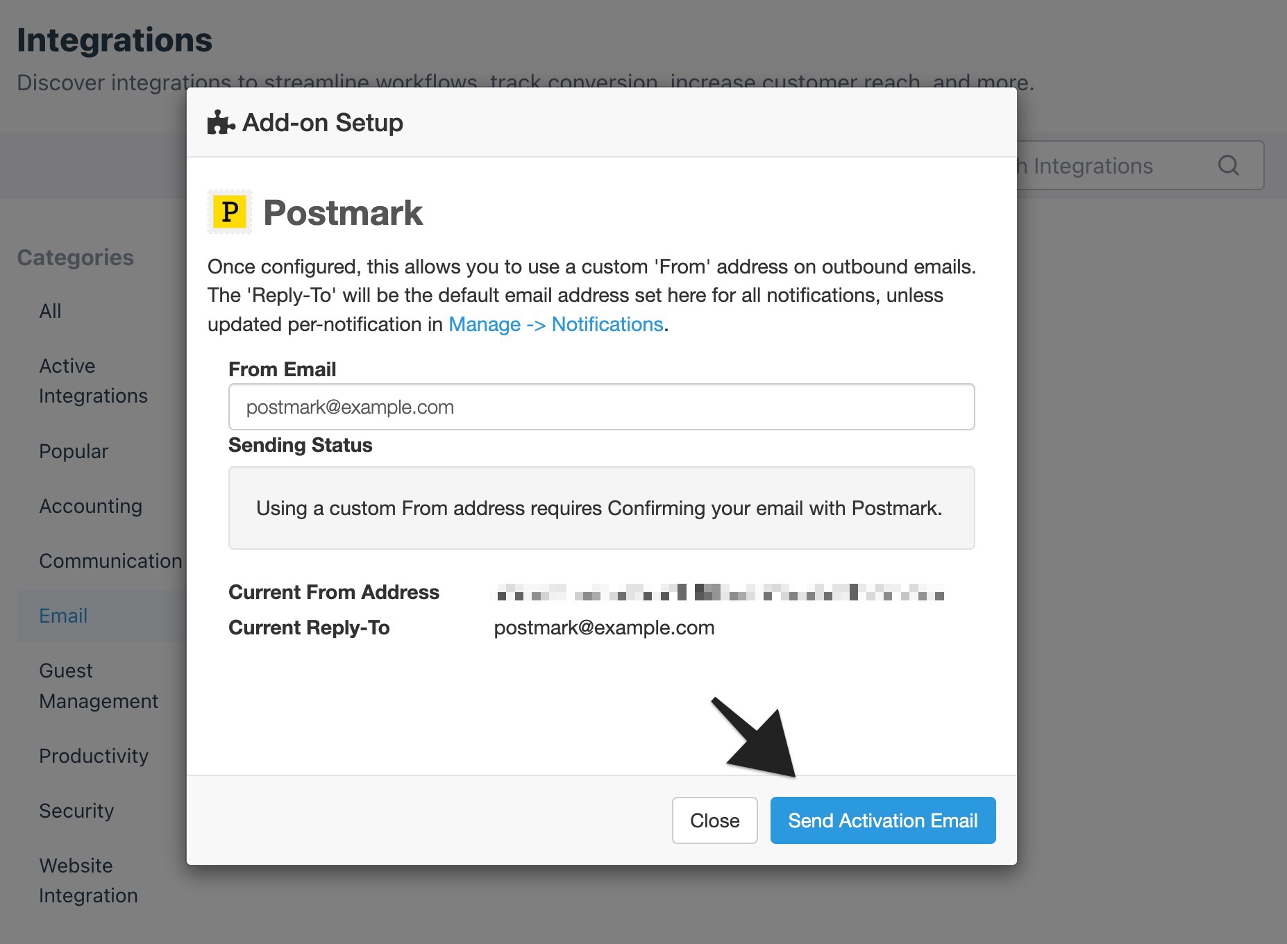 Postmark setup window with an arrow highlighting the ‘Send activation email’ button to indicate selection.